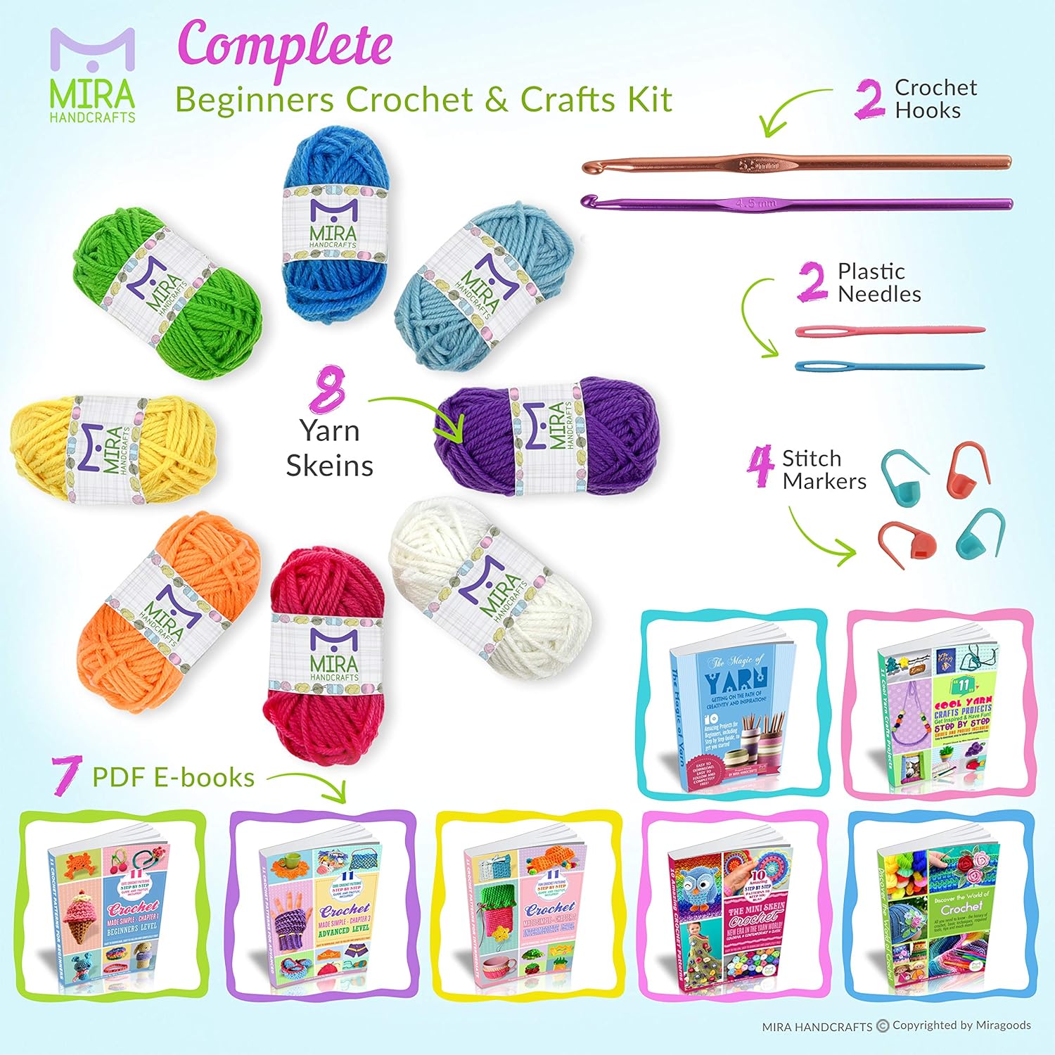 Mira HandCrafts – Hilo acrílico para ganchillo y tejer, 2 ganchillos, 2 agujas de plástico, 4 marcadores de costura, 7 libros electrónicos con