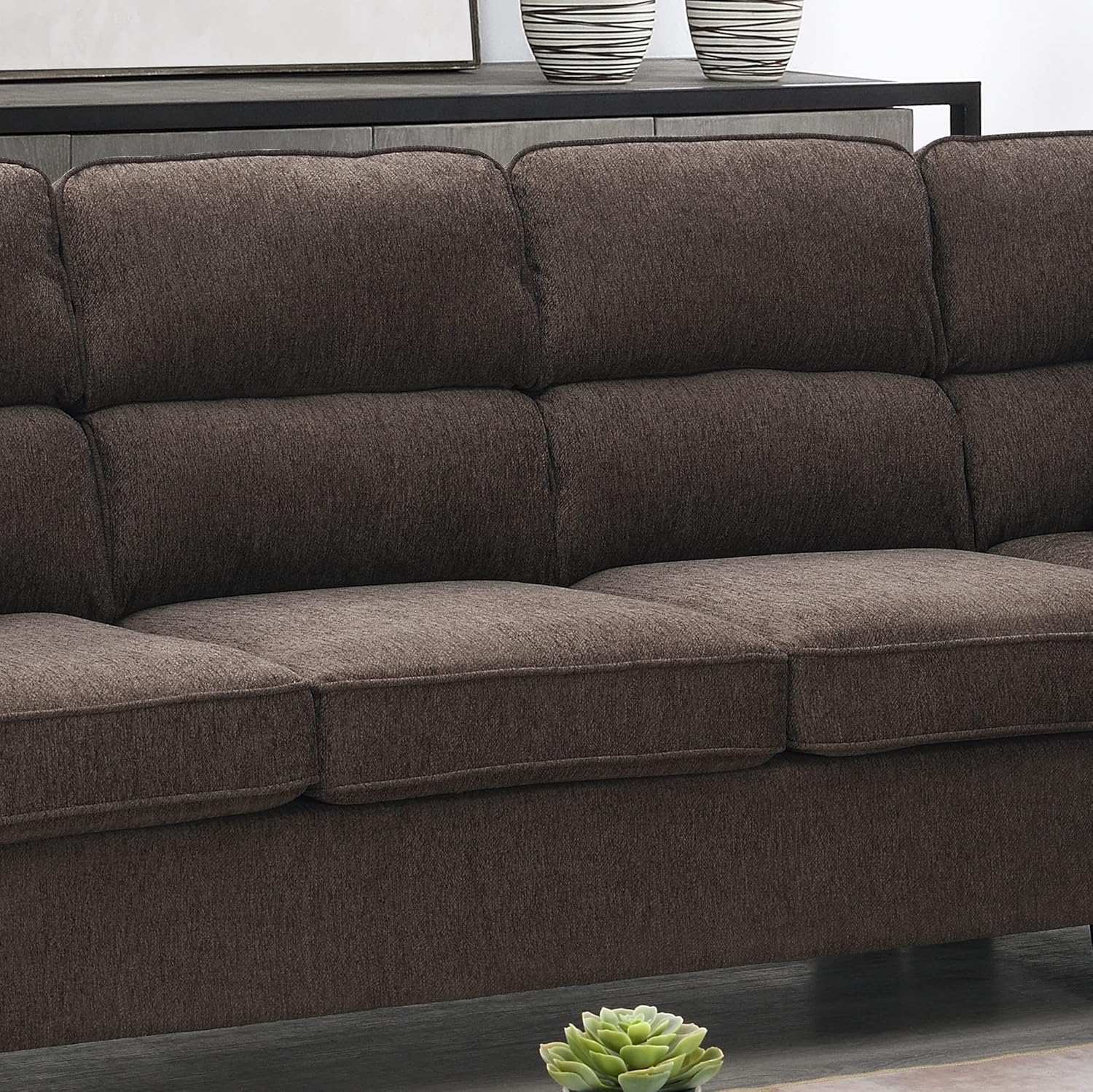 Sofá modular tapizado grande en forma de L de 118 pulgadas de ancho con 2 cojines, moderno sofá de microfibra copetudo con asientos de espuma