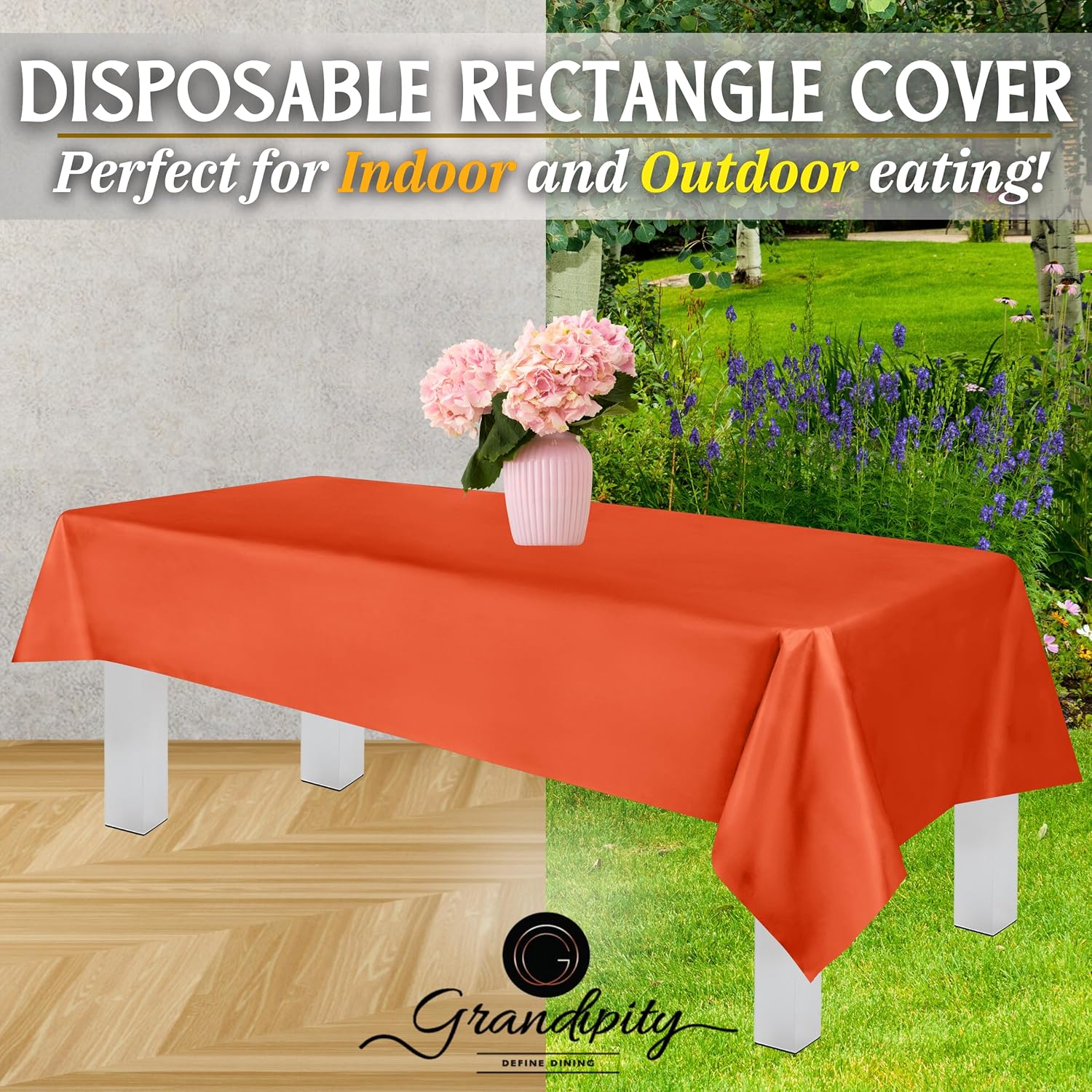 Grandipity – Mantel de plástico desechable prémium, 54 x 108 pulgadas, color naranja, paquete de 12, mantel rectangular decorativo