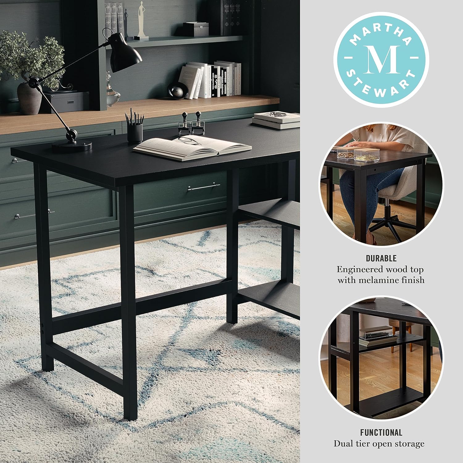 Martha Stewart Beckett – Escritorio de caballete moderno con estantes laterales abiertos en acabado de grano de madera negra