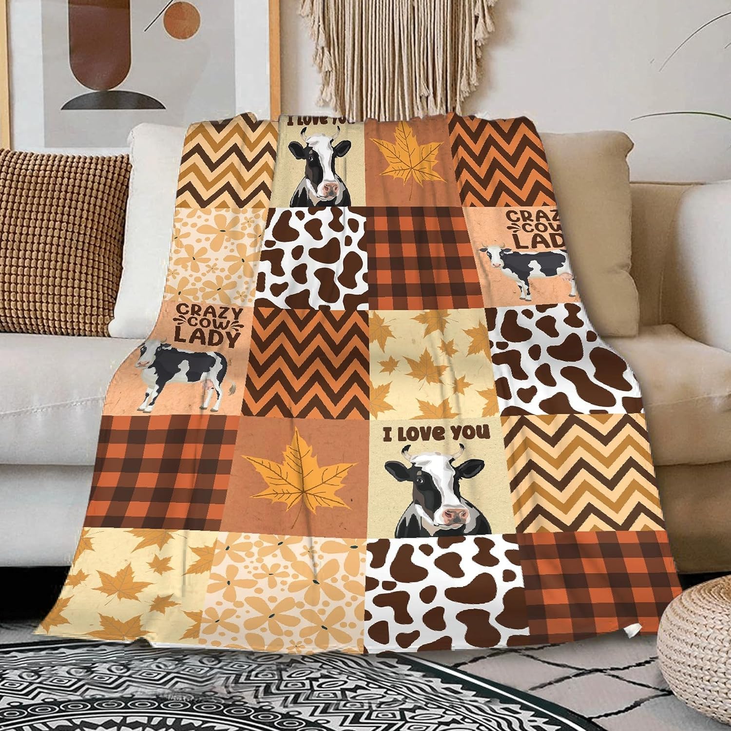 Manta con estampado de vaca, linda manta de vaca ultra suave, con hojas de arce, manta de otoño para niños pequeños, mujeres y hombres, regalos de