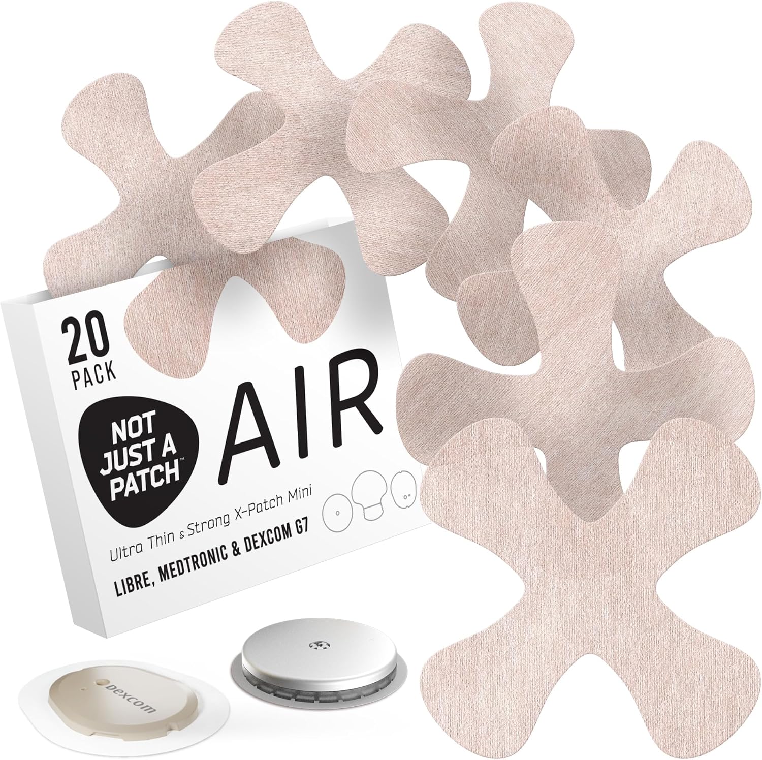 Not Just A Patch Air X-Mini (20 unidades)  Fundas para sensores Dexcom G7, Libre 2 delgadas, fuertes y ligeras  Adhesión ultra larga de 14 días,