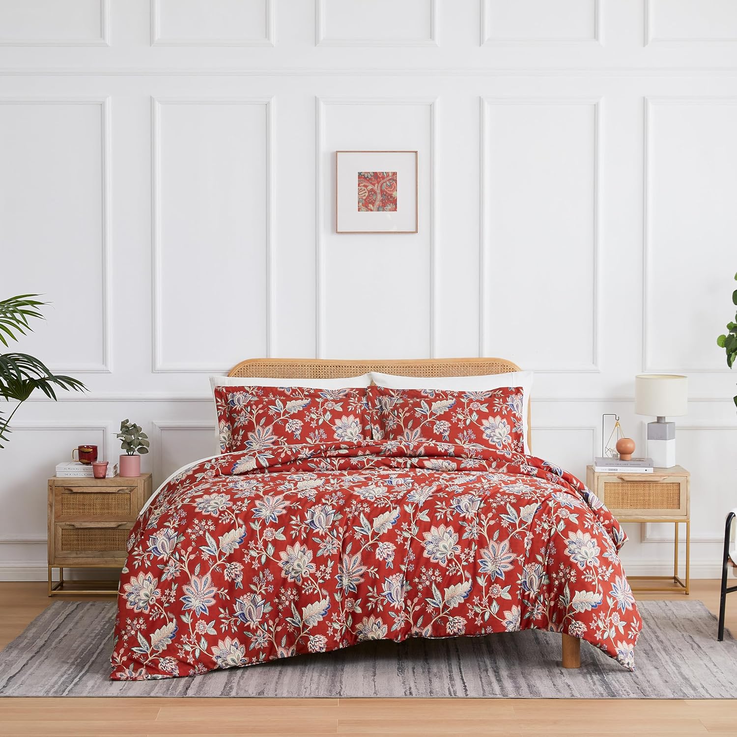 Southshore Fine Living, Inc. Jacobean Willow Collection – Juego de funda de edredón tamaño individual, funda de edredón floral roja de 2 piezas con