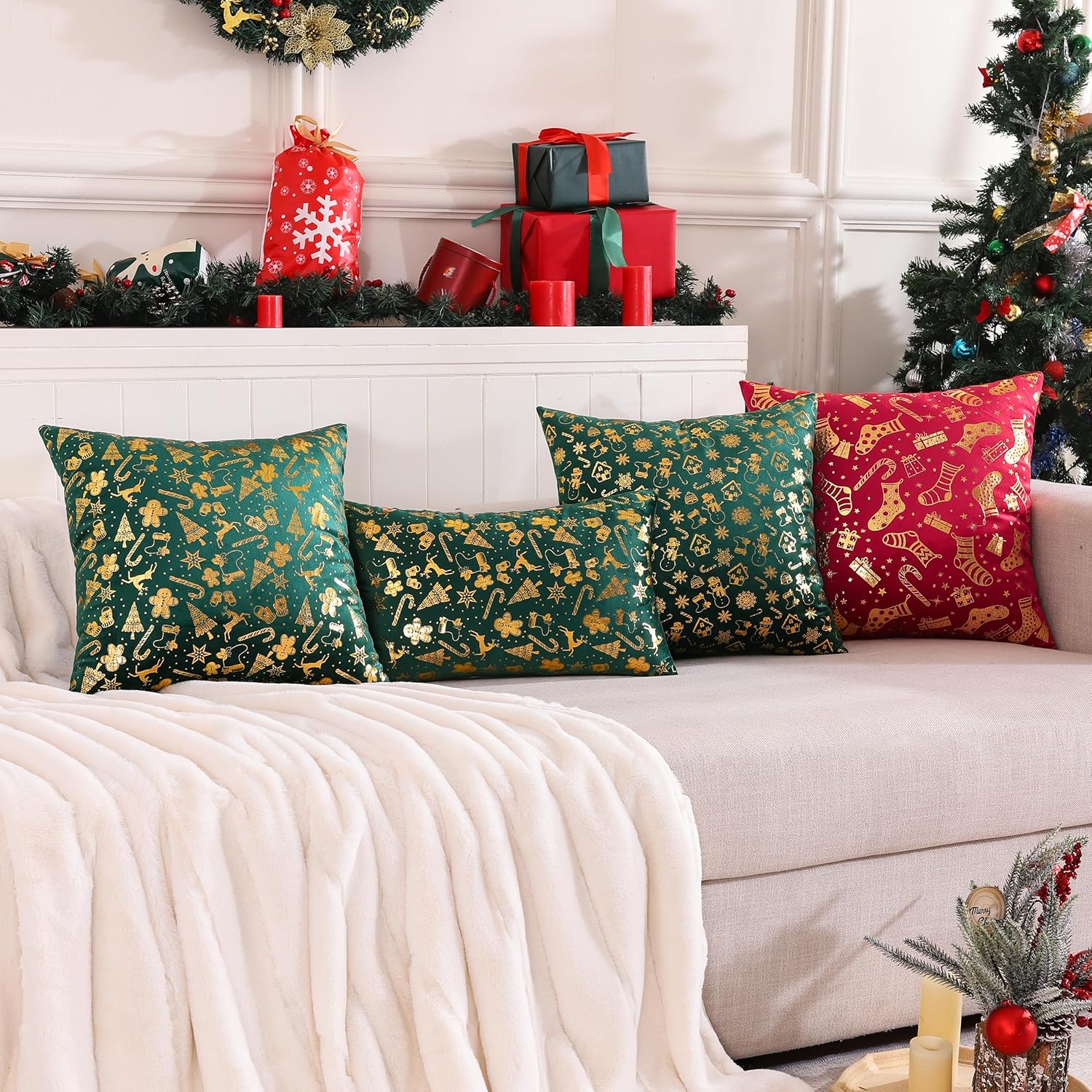 Juego de 2 fundas de almohada de Navidad de 12 x 20 pulgadas, juego de 2 fundas de almohada de terciopelo verde de Navidad, decoraciones de fiesta