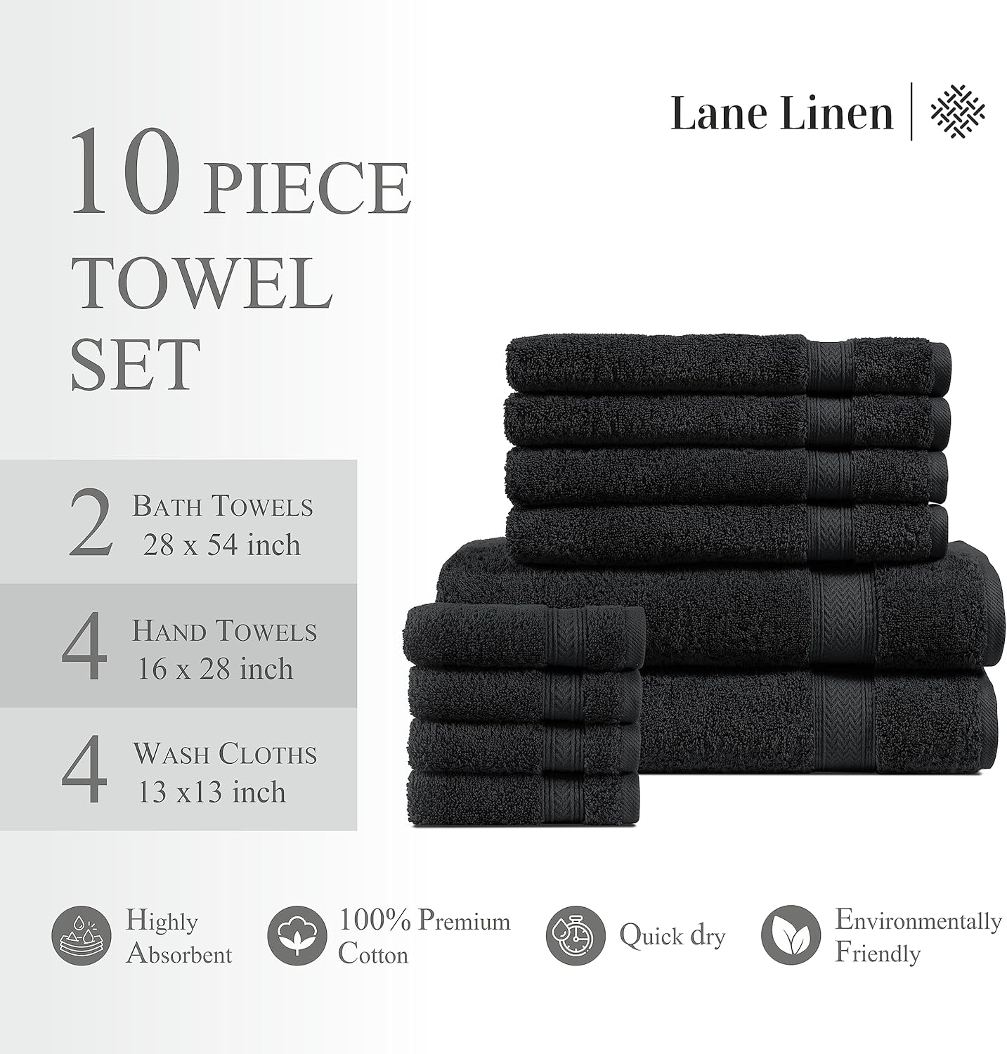 LANE LINEN Juego de 10 toallas de baño 100 % algodón, 2 toallas de baño grandes, 4 toallas de mano suaves para baño, 4 toallas de lavado para el