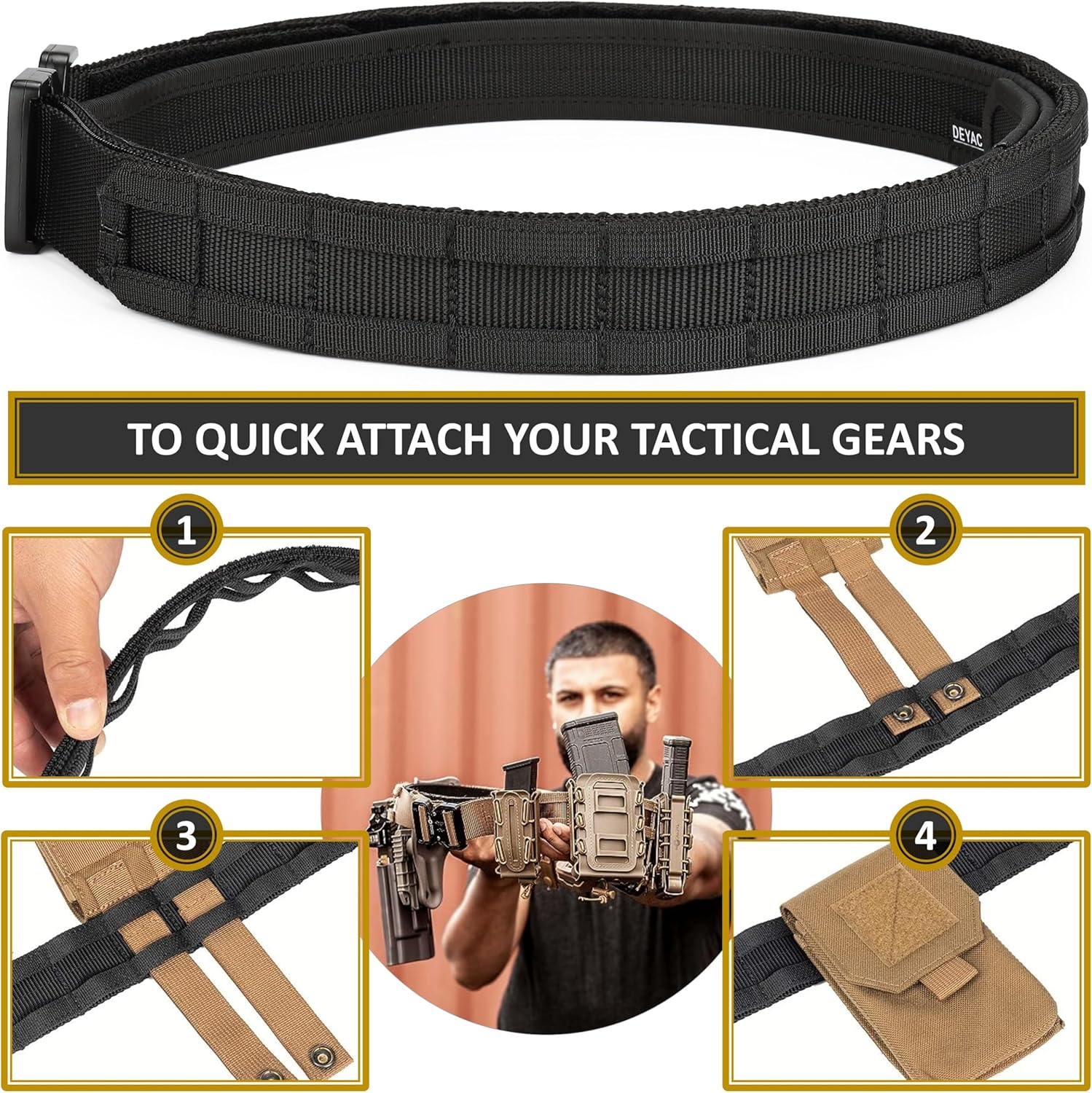 DEYACE Cinturón de batalla de liberación rápida, cinturón táctico MOLLE resistente de 1.75 pulgadas y cinturón interior EDC de 1.5 pulgadas para
