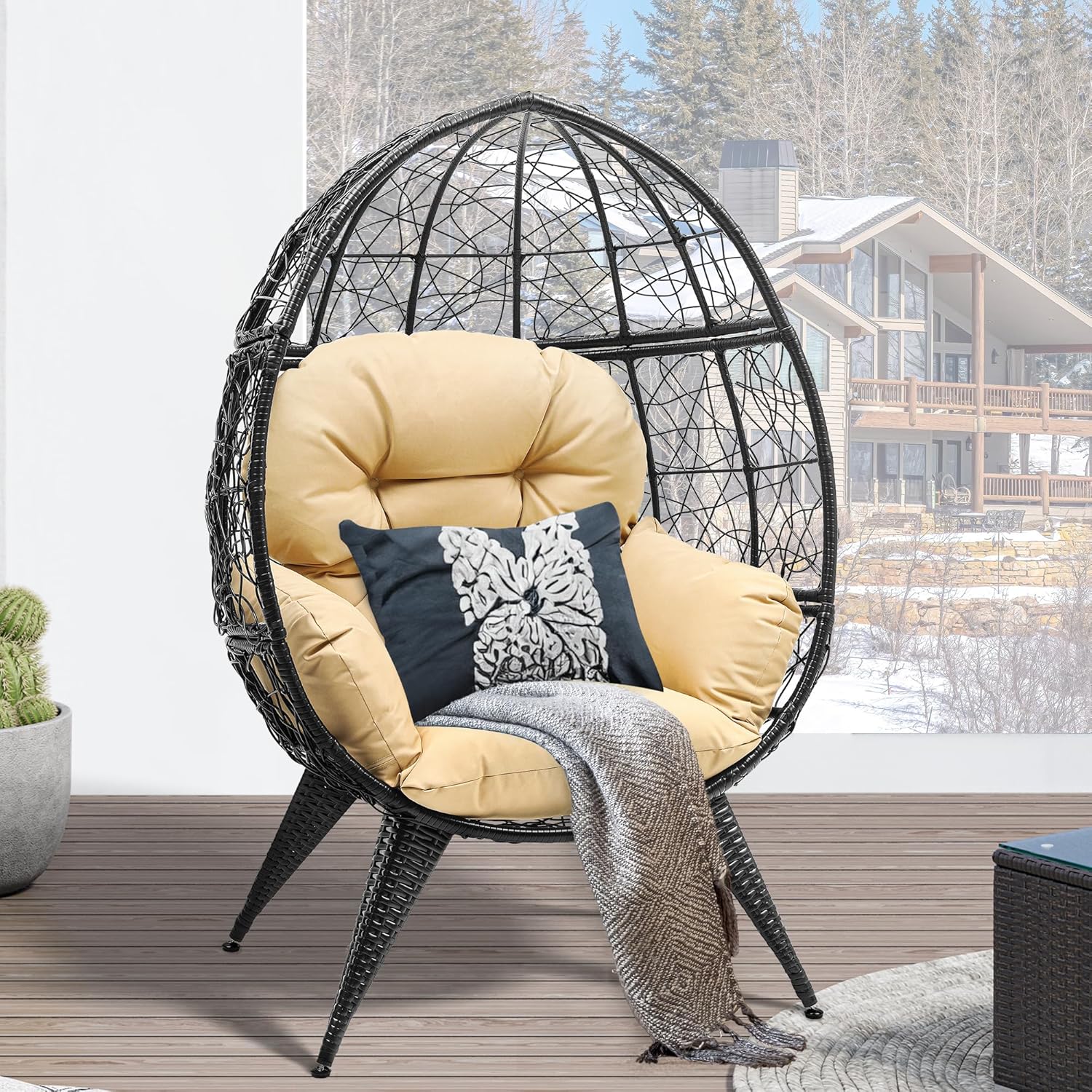 YITAHOME Silla de huevos de mimbre para interiores y exteriores, tumbona grande de gran tamaño con cojín de soporte, silla de cesta de huevos de