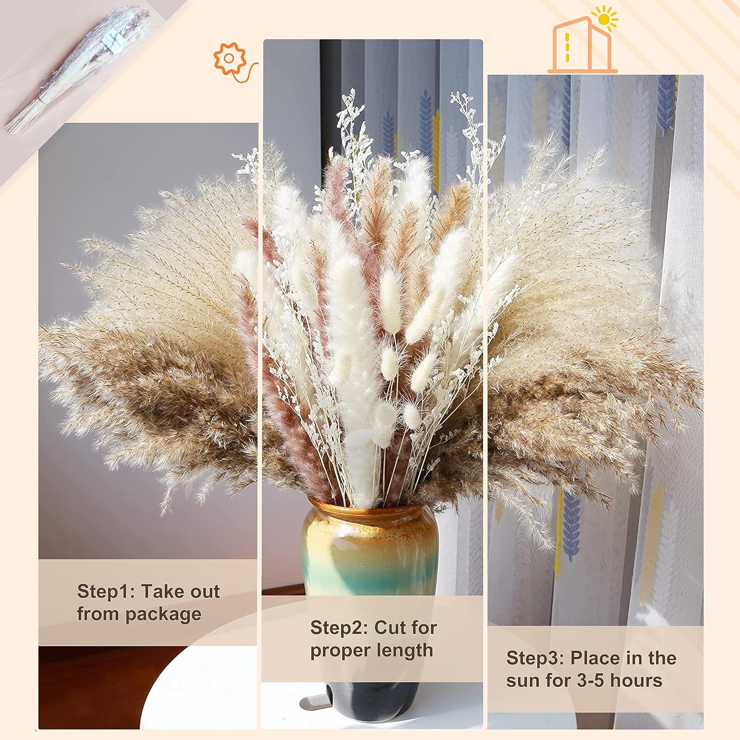 Decoración de hierba seca de las pampas, cola de conejo, flores secas de caña, 80 unidades, decoración de flores de hierba de las pampas para boda,