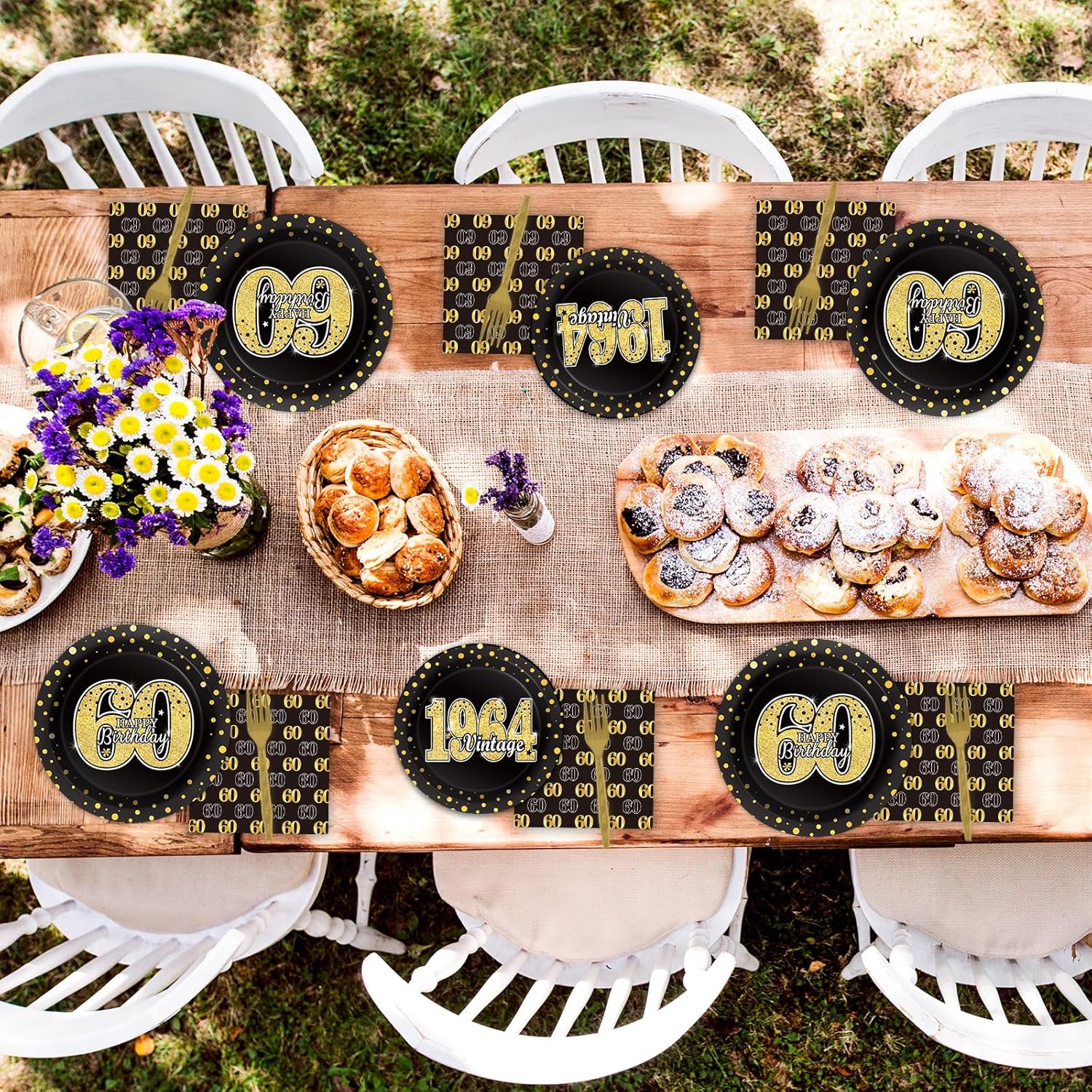 96 piezas de vajilla para fiesta de cumpleaños temática 60, suministros de fiesta de cumpleaños de 60 años, platos servilletas, tenedores, regalos