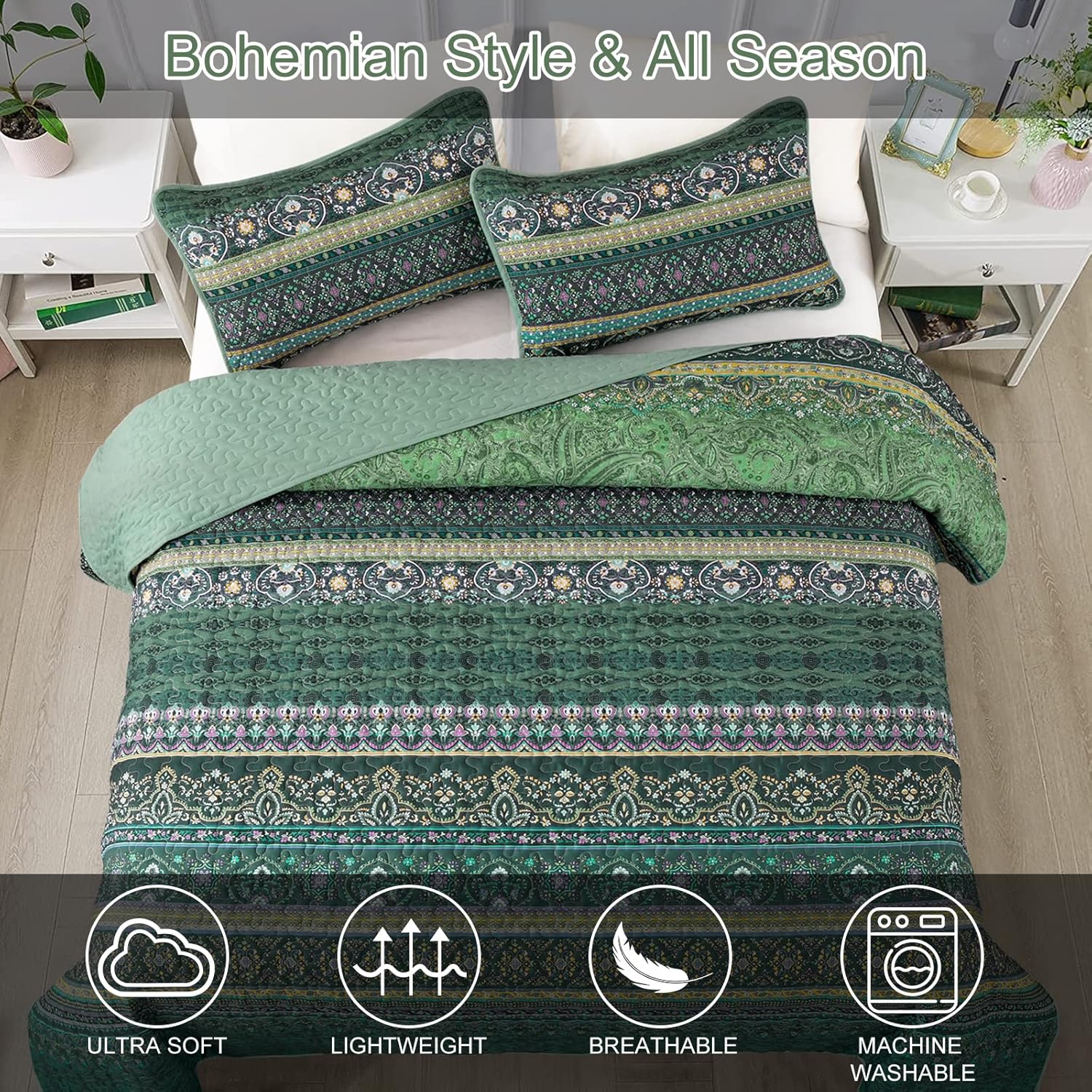 WONGS BEDDING Colcha bohemia tamaño King, edredón bohemio verde King, colcha de microfibra ligera para decoración de cama para todas las estaciones,