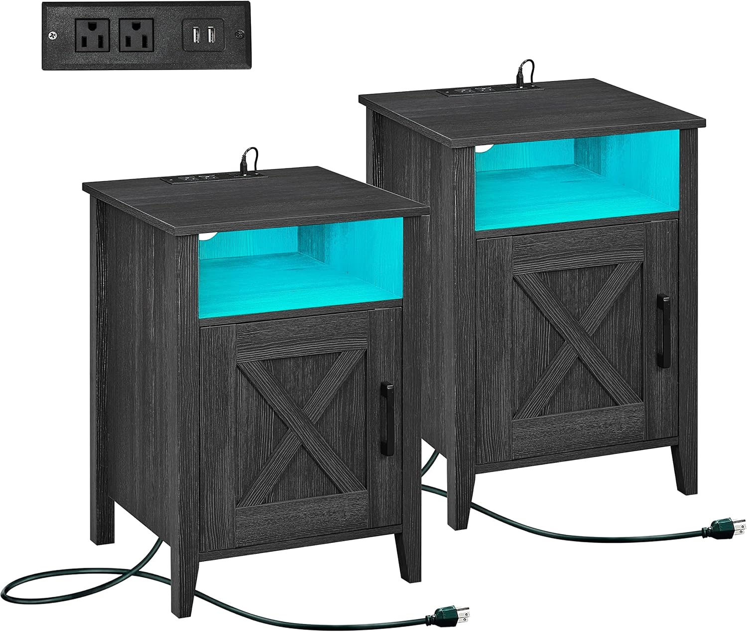 Mesita de noche con tira de luces LED y estación de carga, juego de 2, mesa auxiliar estilo granja con puerta de granero y estante, mesita de noche