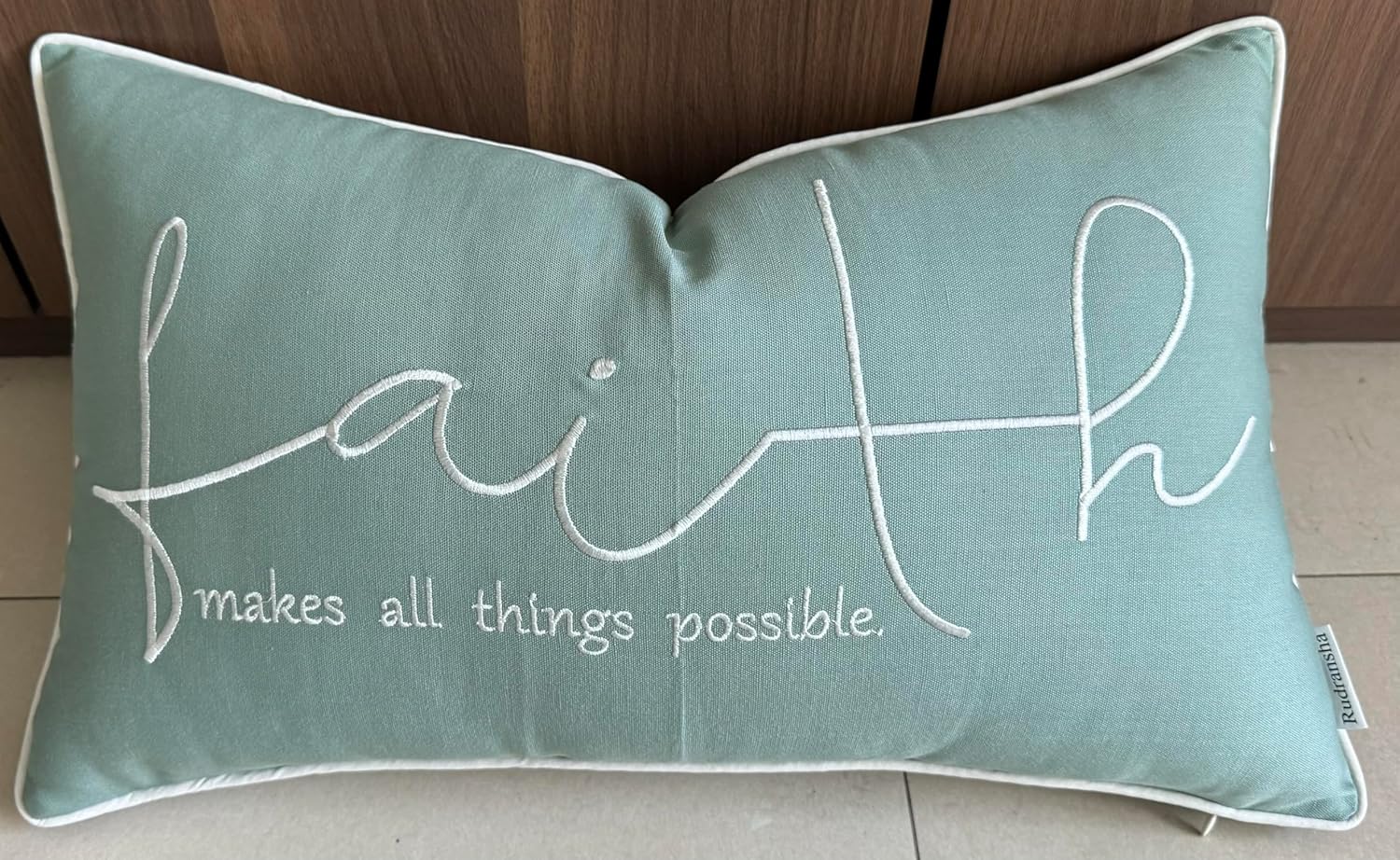 Rudransha Faith Sentiment – Funda de almohada decorativa bordada, decoración para el nuevo hogar, sofá, silla, 12 x 20 pulgadas, color verde azulado