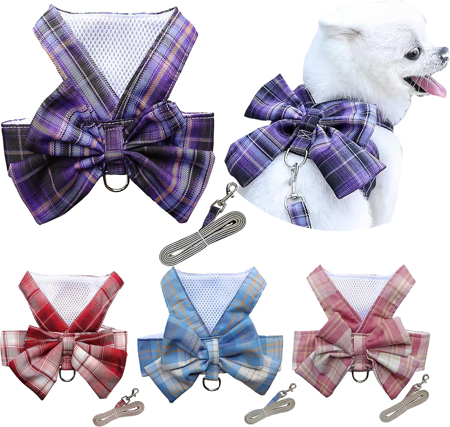 Petbuy Juego de arnés a cuadros para perro con lazo y correa, ropa para perro con anillo para correa para perros pequeños y niñas, ropa de conejo