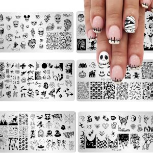 6 placas de estampado de Halloween, plantillas de estampado de arte de uñas, calavera, fantasma, calabaza, vampiro, murciélago, araña, arte de uñas, 6 placas de estampado de Halloween, plantillas de estampado de arte de uñas, calavera, fantasma, calabaza, vampiro, murciélago, araña, arte de uñas,
