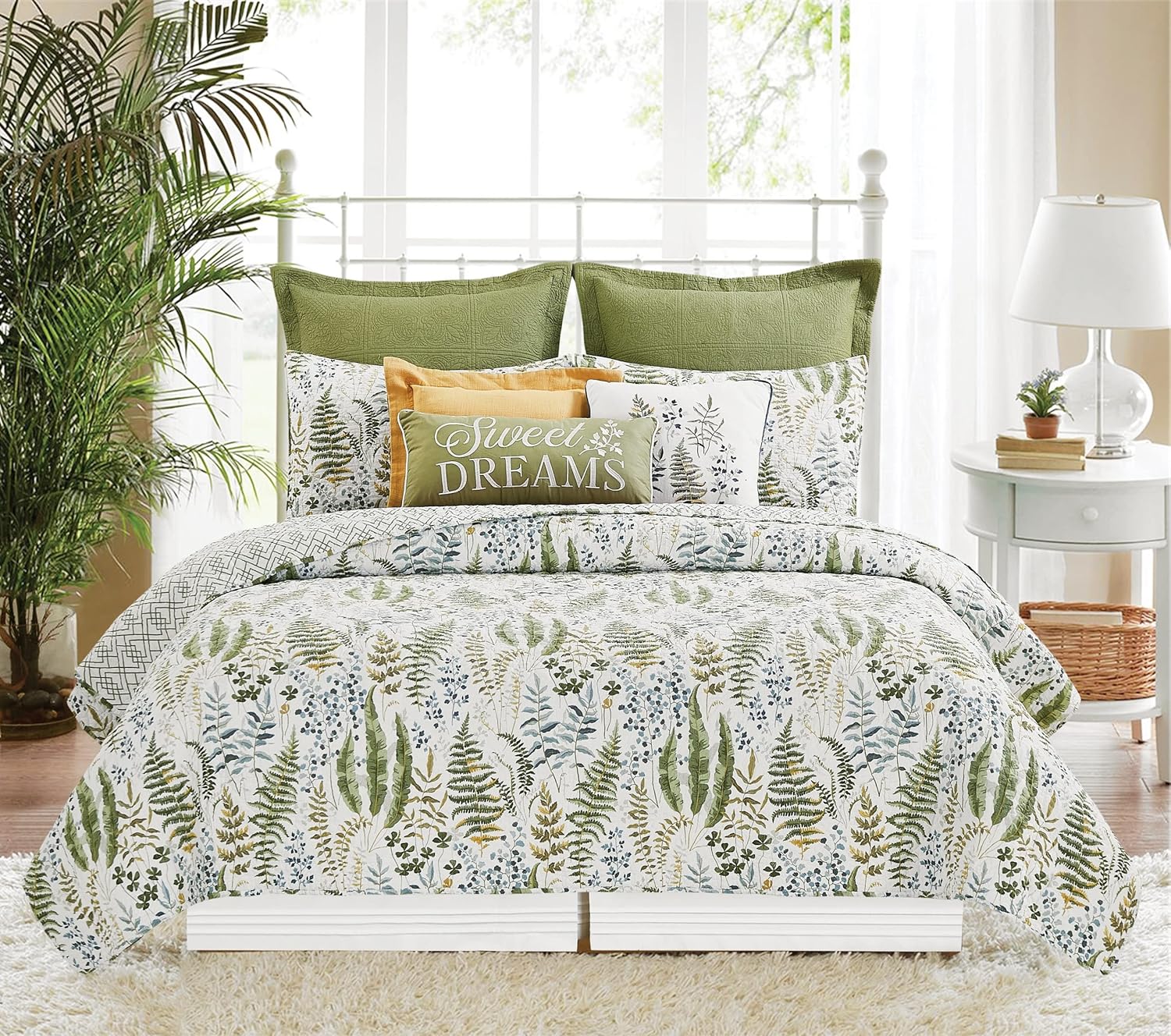 C&F Home Cecil – Juego de edredón reversible de 2 piezas tamaño individual con 1 funda de almohada estándar, color blanco y verde, acuarela