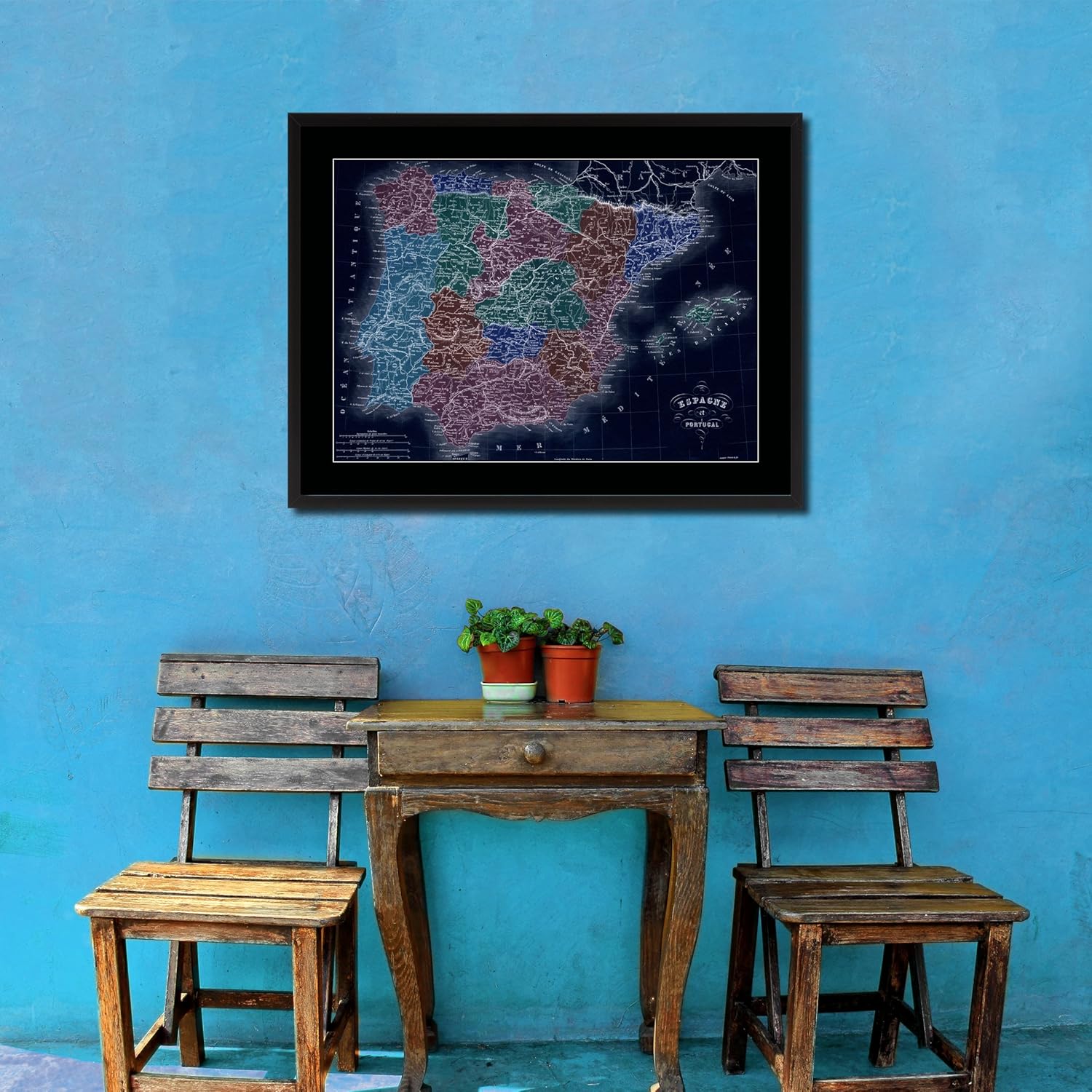 Spain Portugal Old Vivid Color Map 39057 Print on Canvas with Picture Framed Urban Wall Home Décor Interior Bedroom Art Gift Ideas – Black 16″ x 21″