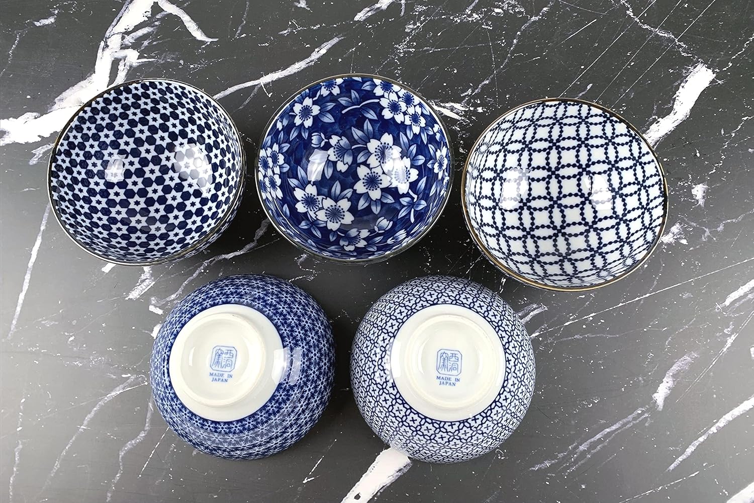 JapanBargain 4686 – Juego de 5 cuencos de arroz de porcelana japonesa, cuencos de sopa Miso con patrón tradicional de inspiración japonesa, ensalada