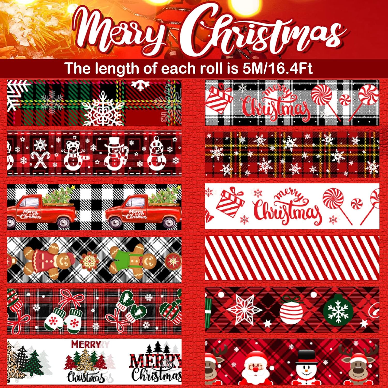 Juego de 12 rollos de cinta Washi a cuadros de Navidad, cinta decorativa de colores, cinta adhesiva de papel de Navidad, cinta adhesiva de papel de
