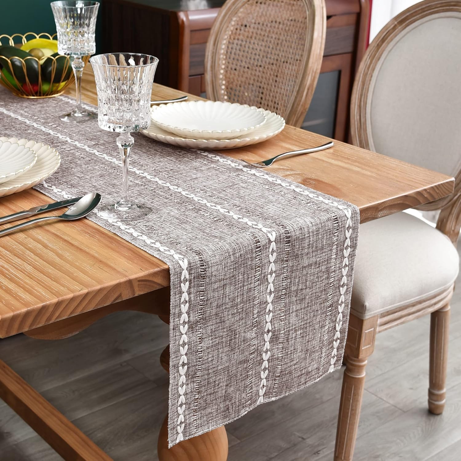 Camino de mesa rústico de granja con rayas trenzadas, decoración de mesa bordada para cocina, sala de estar, comedor, vacaciones y fiesta, café, 13