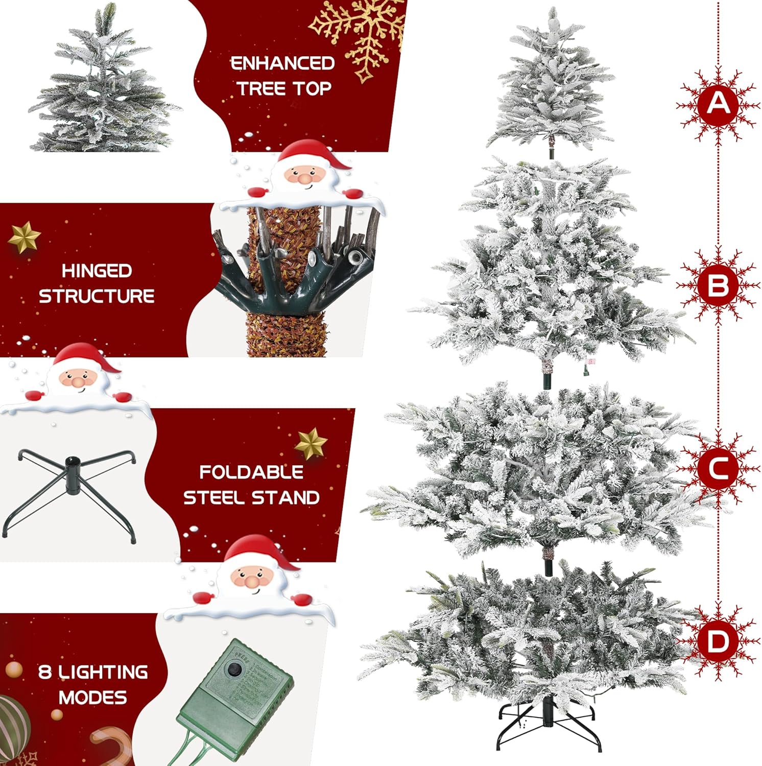 Prelit Árbol de Navidad flocado de 6 pies de pino artificial con 400 luces LED blancas cálidas para decoración de Navidad
