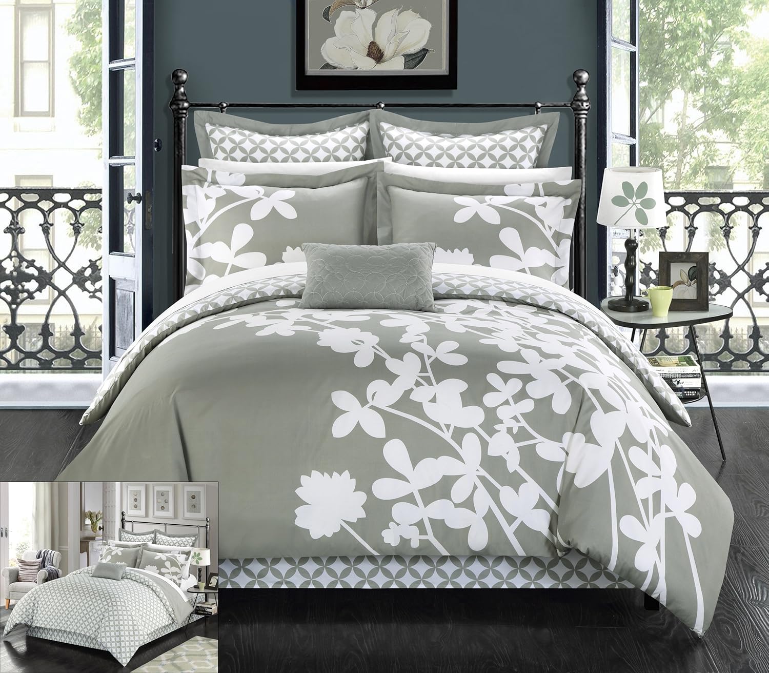Chic Home Juego reversible de 7 piezas Iris a gran escala gris, edredón Queen