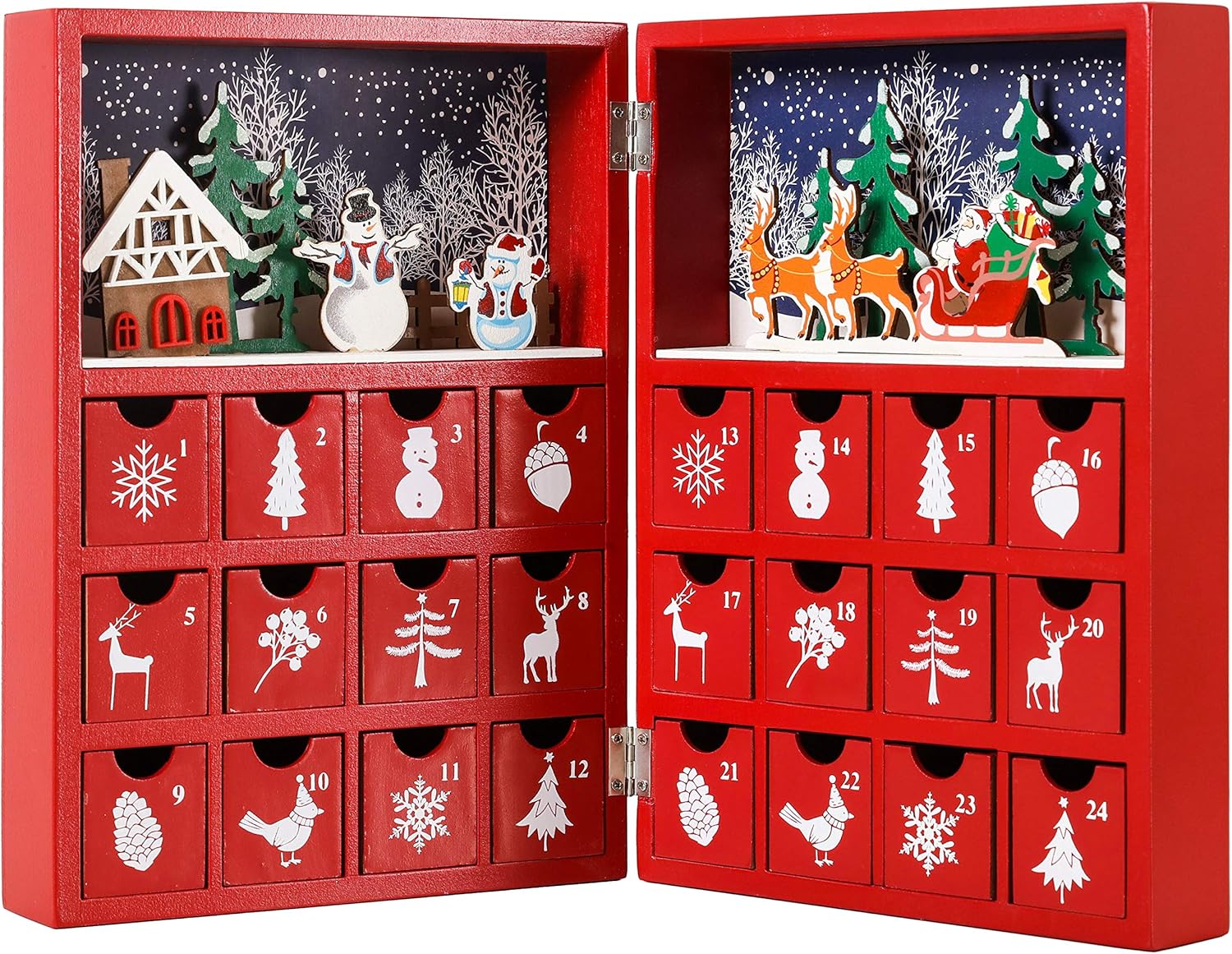 Calendario de Adviento de madera reutilizable para rellenar, libro de Navidad rojo con 24 puertas, calendario de Navidad de 8.27 x 3.54 x 11.81