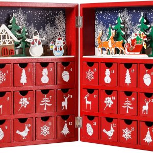Calendario de Adviento de madera reutilizable para rellenar, libro de Navidad rojo con 24 puertas, calendario de Navidad de 8.27 x 3.54 x 11.81 Calendario de Adviento de madera reutilizable para rellenar, libro de Navidad rojo con 24 puertas, calendario de Navidad de 8.27 x 3.54 x 11.81
