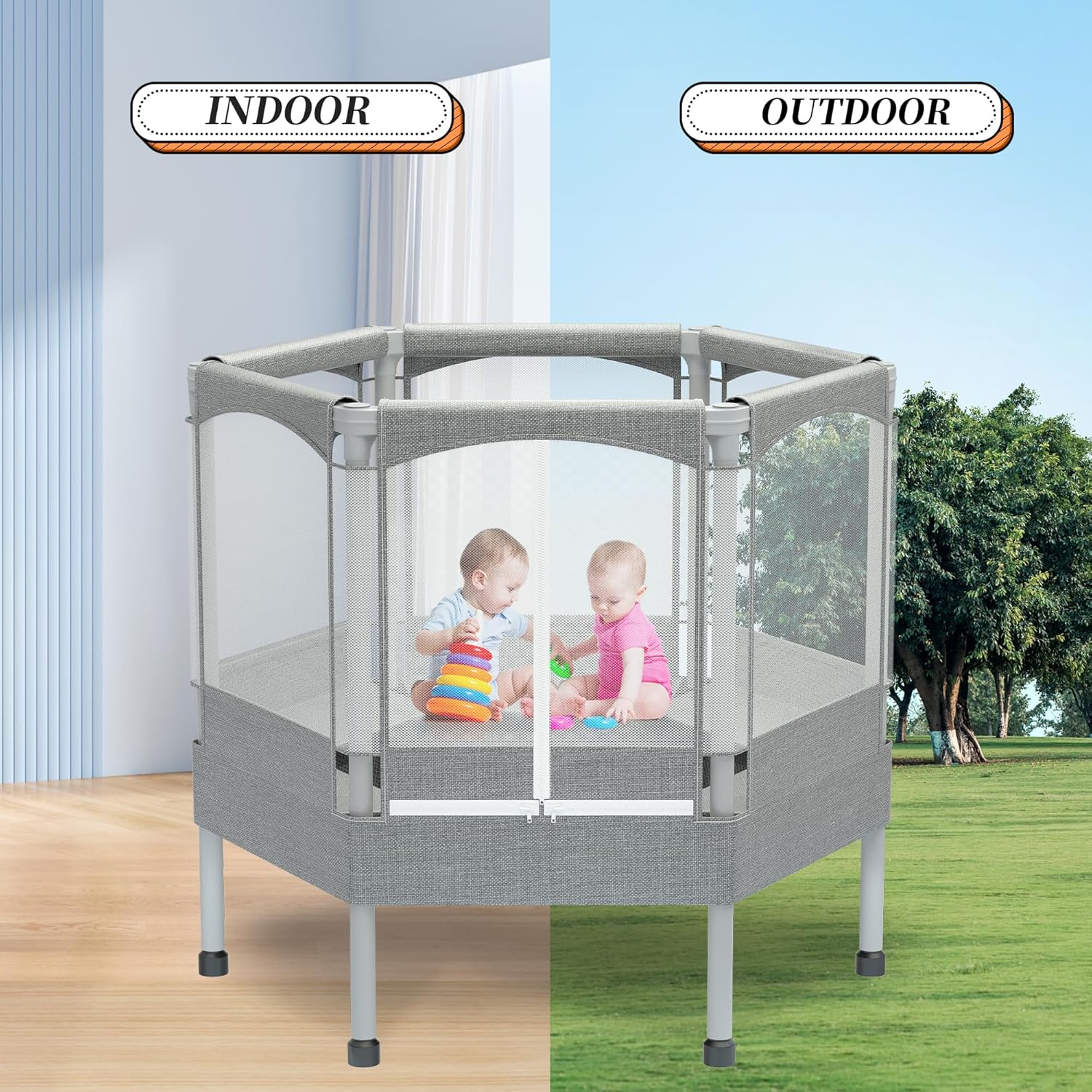 EL&ITWings Trampolín para niños con red, 4.6, 5.5, 7 pies, para interiores y exteriores, con recinto de seguridad, trampolín hexagonal pequeño para