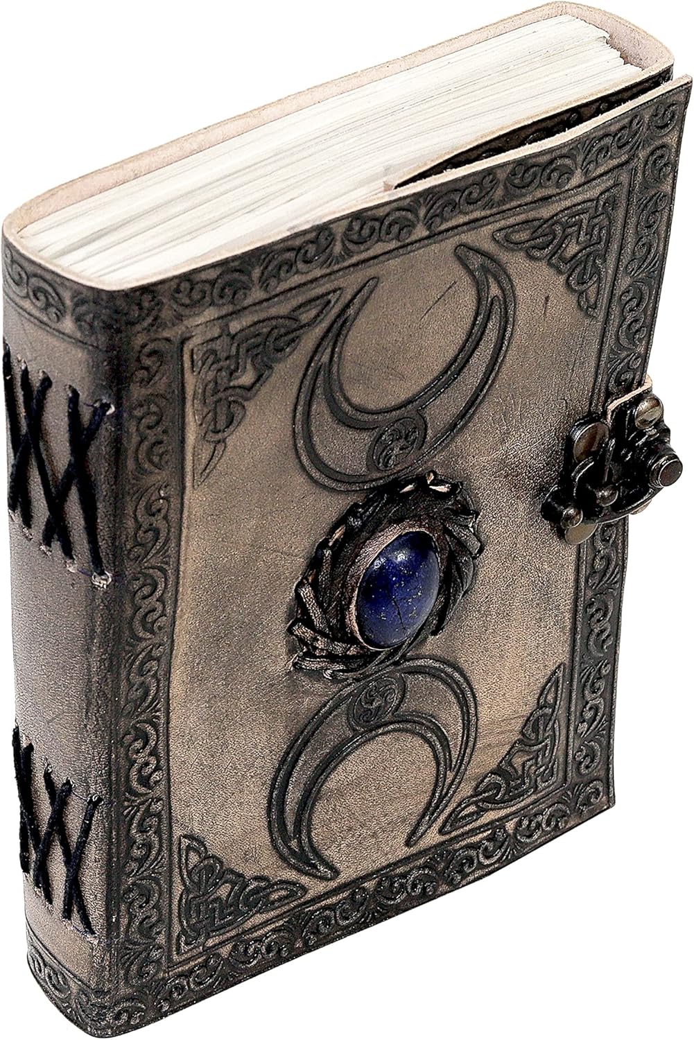 AzureGreen – 3 Moon Black Lapiz Journal – Gemstone Studded Handmade Vintage Writing Notebook, Unlined (Vintage Off-white, 3 Moon Plain Paper)