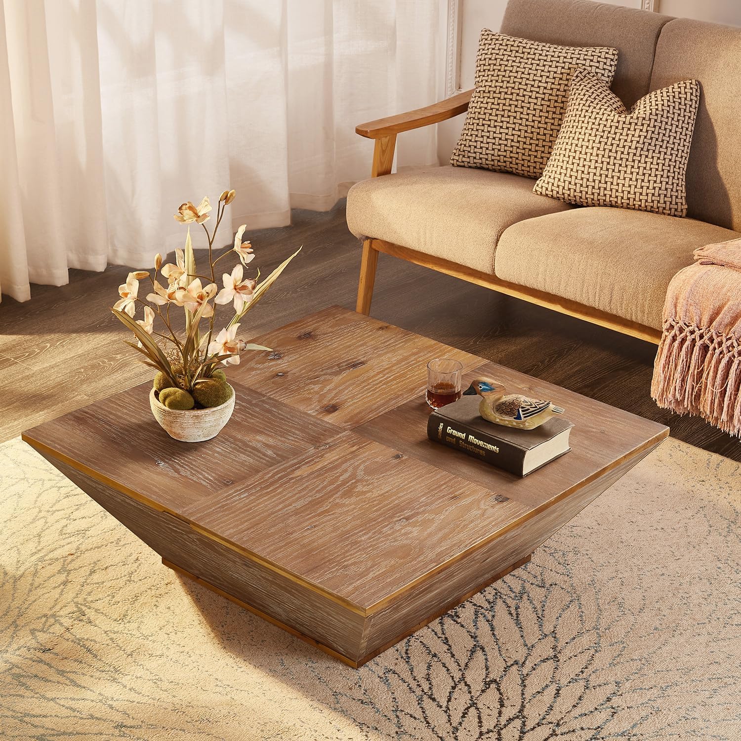 Mesas de centro cuadradas grandes para sala de estar con almacenamiento, diseño de concha cónica de madera maciza con varillas de soporte, fáciles