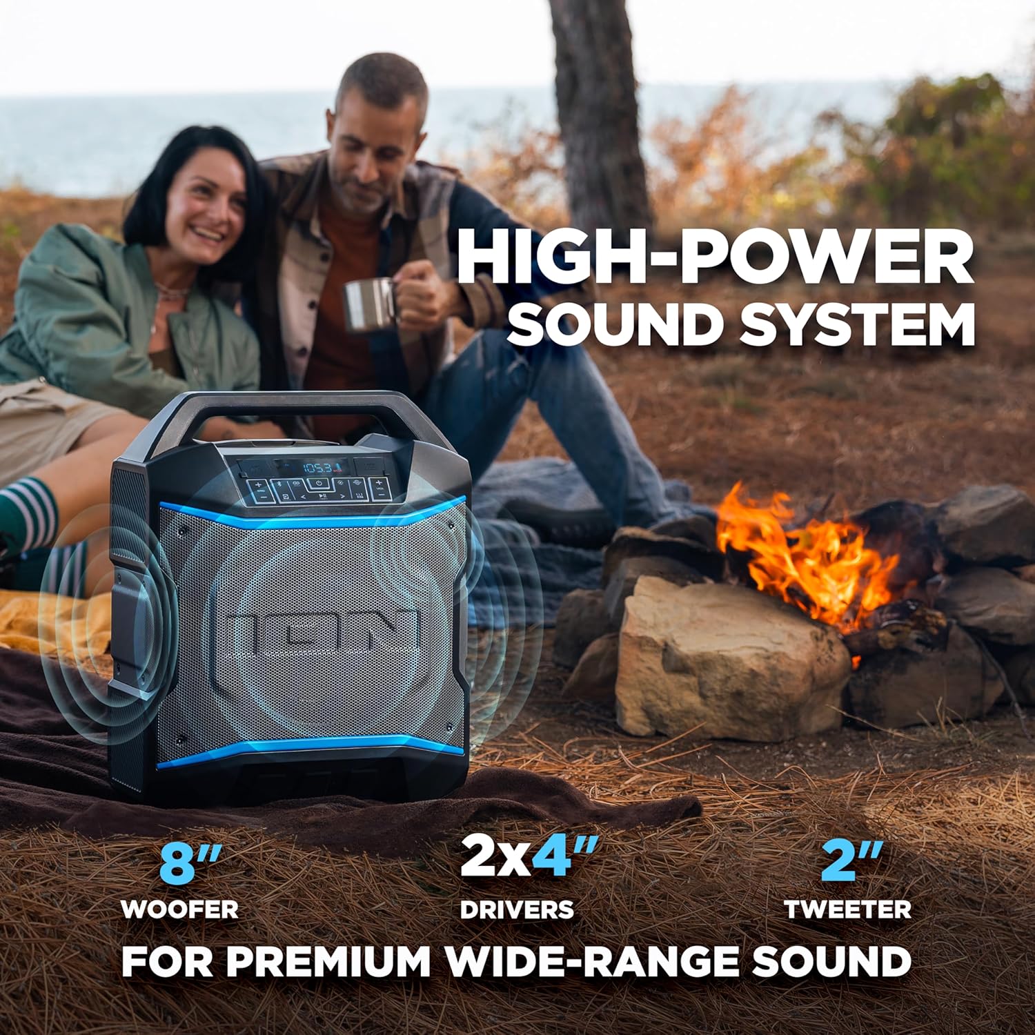 ION Block Rocker – Altavoz portátil Bluetooth para fiestas al aire libre con micrófono de karaoke, batería, 4 altavoces, radio, puerto USB,