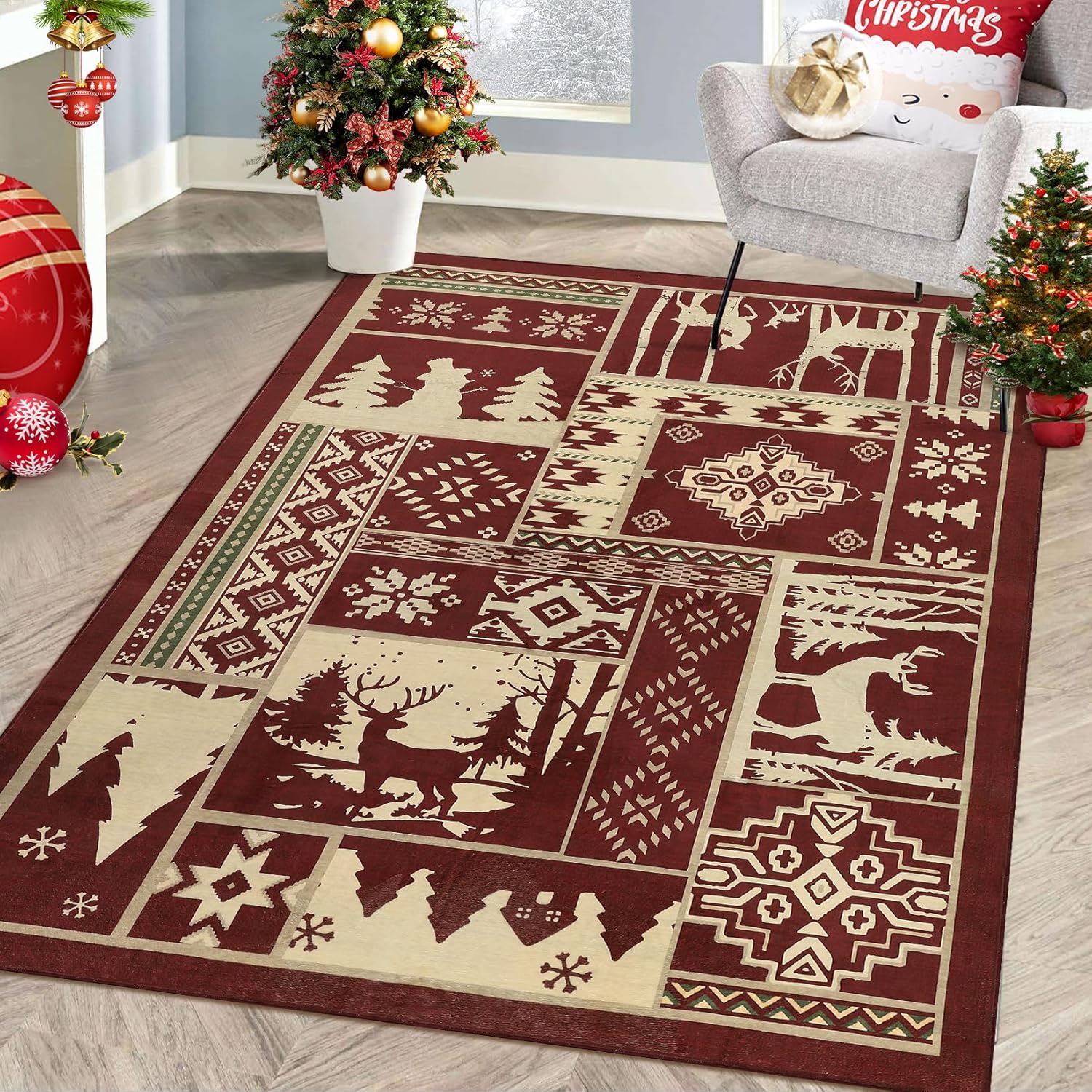RUGSREAL Alfombra de área de Navidad de granja, alfombra decorativa rústica de búfalo con alce para interiores, alfombra de área de Navidad,