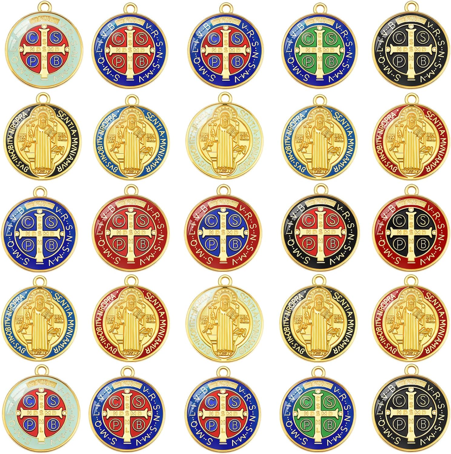 YionZian 10 dijes coloridos esmaltados de la medalla de Jesús Cruz de San Benito, colgantes de aleación para bricolaje, regalos religiosos,