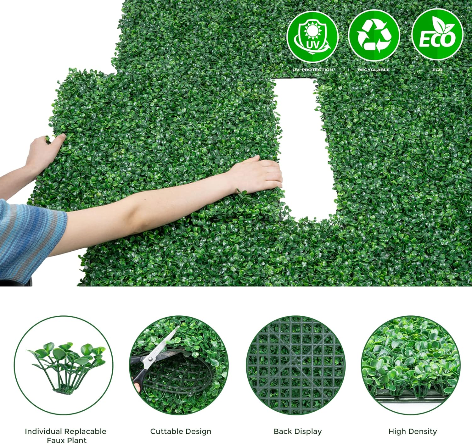 24 paneles de fondo de pared de césped de 20 x 20 pulgadas con lazos de cremallera, paneles de césped artificial de boj para pared de jardín y