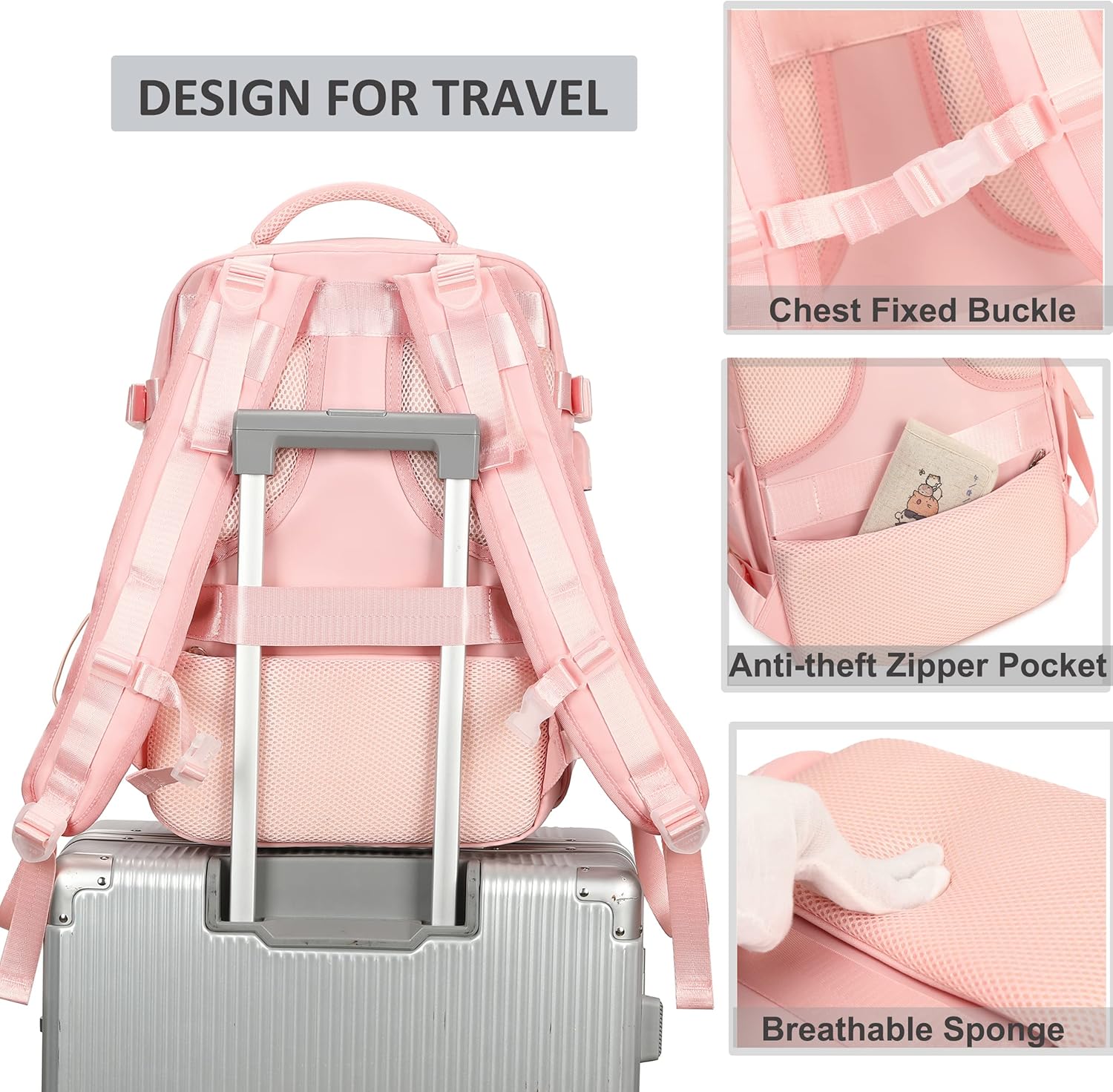 AO ALI VICTORY Mochila de viaje para mujeres y hombres, mochilas para laptop con puerto USB, mochila grande para escuela, universidad, Rosado,