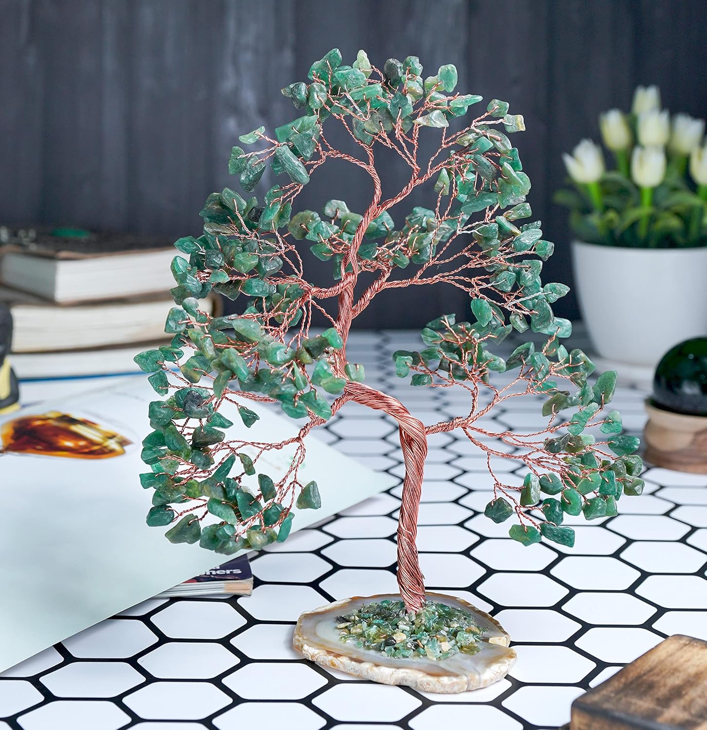 Árbol de piedras preciosas de aventurina verde  Base de rodajas de ágata geoda, árbol de cristal hecho a mano para energía positiva, piedra curativa