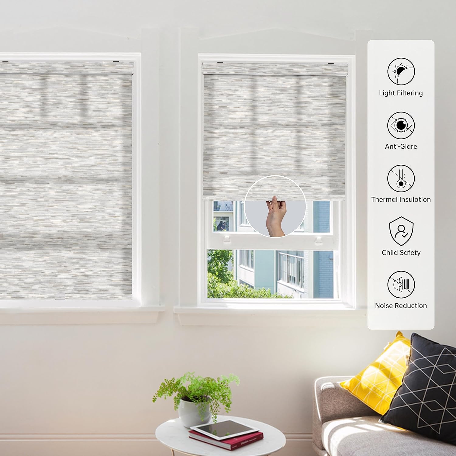 BERISSA – Persianas enrollables con filtro de luz para ventanas, persianas solares sin cordones con jacquard a rayas, tela con aislamiento térmico,