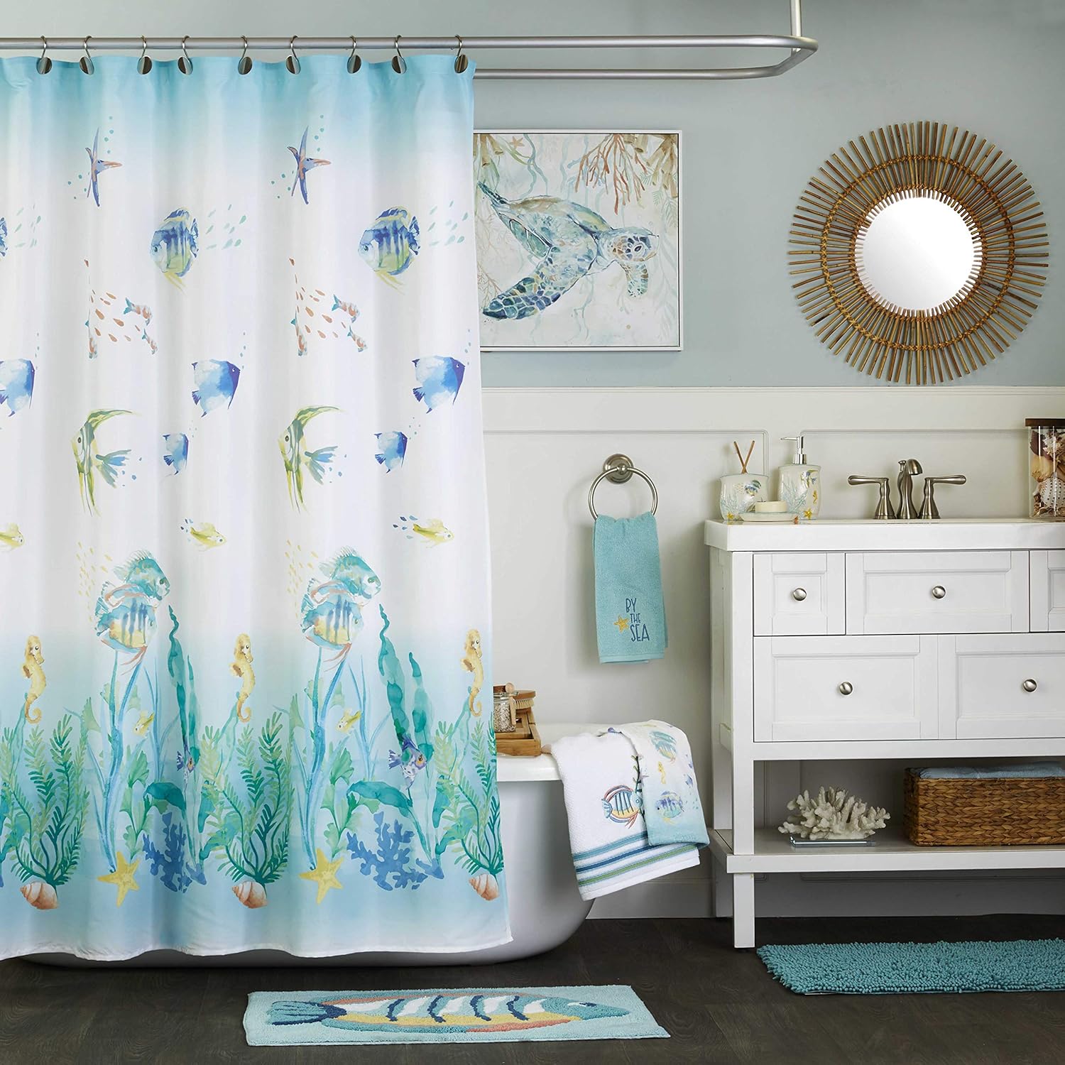 SKL Home by Saturday Knight Ltd. – Toalla de baño de acuarela oceánica, blanca, 27×50 pulgadas