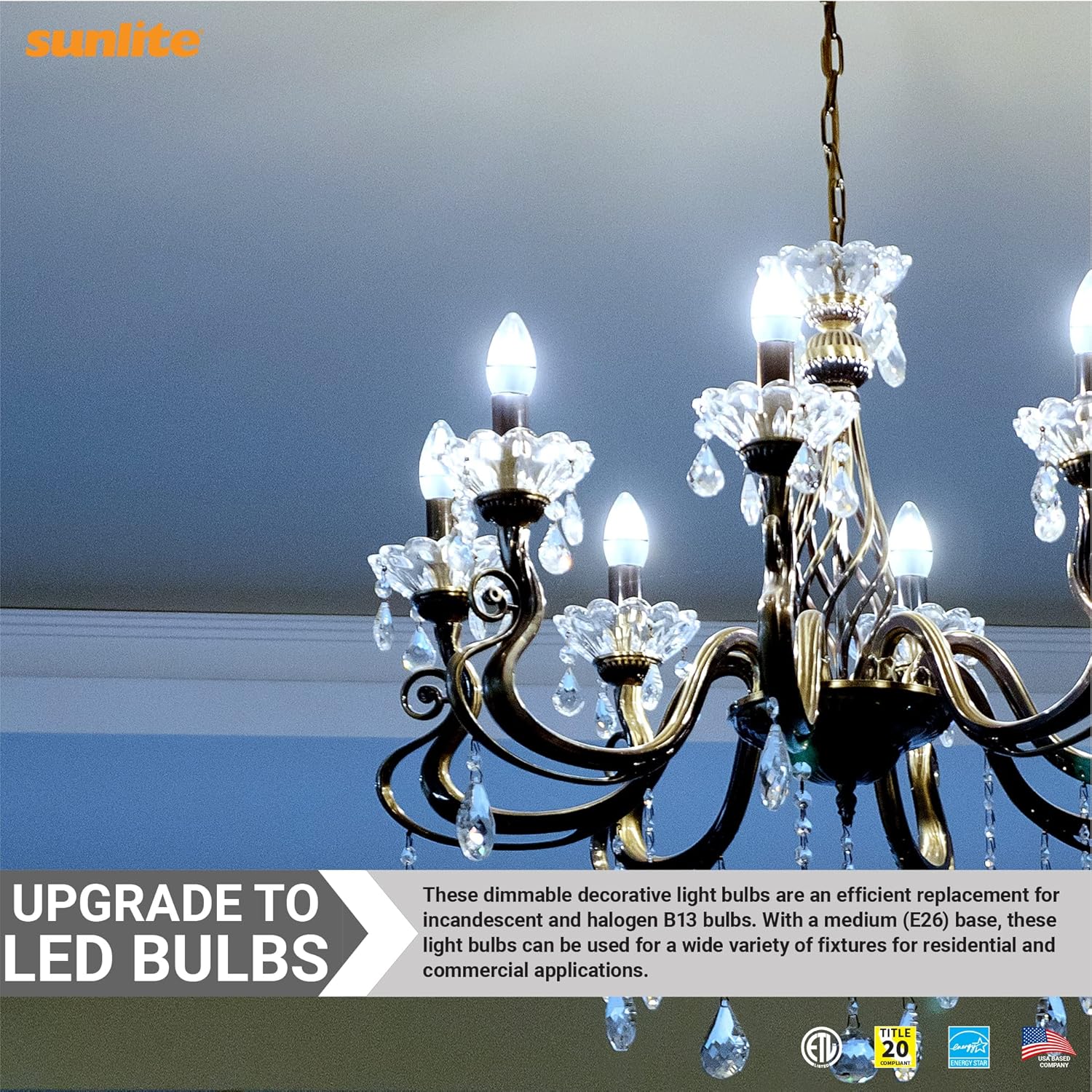 Sunlite 41777 Bombilla LED B13 decorativa para araña, 7 vatios (60 W  ), 500 lúmenes, 120 voltios, regulable, base E26, Energy Star, 90 CRI,