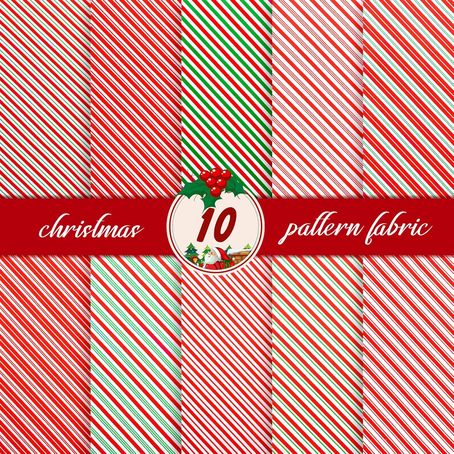 10 paquetes de tela de Navidad para coser, tela de algodón roja y verde, tela de impresión de bastón de caramelo cuadrado para costura de retazos,