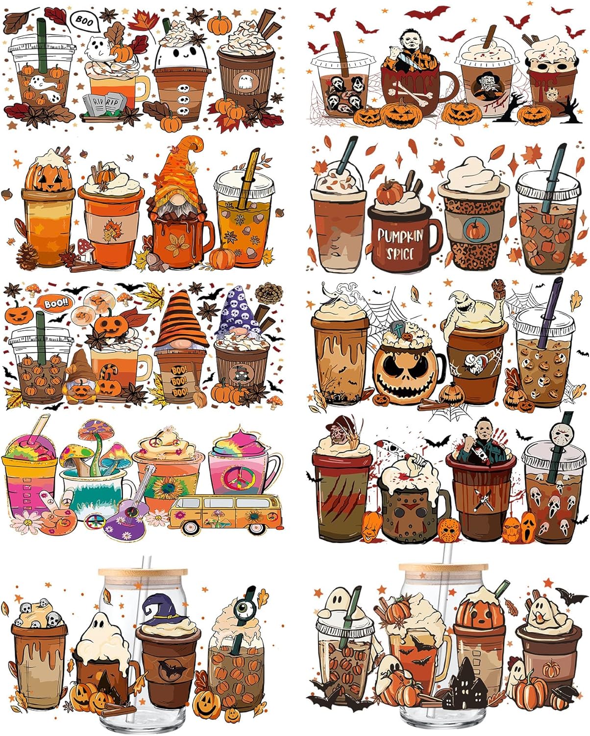 Envoltura de taza Uv Dtf, 10 hojas de calcomanías temáticas de Halloween para tazas de vidrio UV Dtf frotar en transferencias para manualidades,