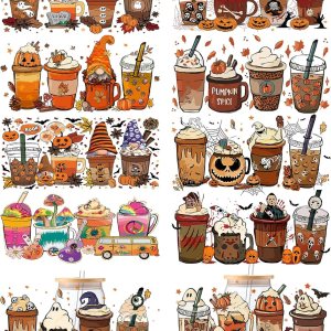 Envoltura de taza Uv Dtf, 10 hojas de calcomanías temáticas de Halloween para tazas de vidrio UV Dtf frotar en transferencias para manualidades, Envoltura de taza Uv Dtf, 10 hojas de calcomanías temáticas de Halloween para tazas de vidrio UV Dtf frotar en transferencias para manualidades,