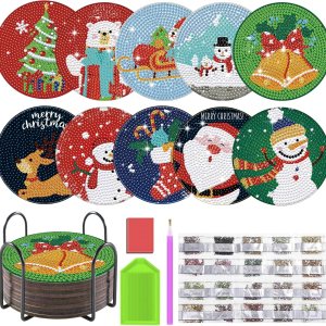 JHGCVX Juego de 10 posavasos de pintura de diamantes de Navidad, posavasos de arte de diamante con soporte, posavasos de pintura de diamantes de JHGCVX Juego de 10 posavasos de pintura de diamantes de Navidad, posavasos de arte de diamante con soporte, posavasos de pintura de diamantes de