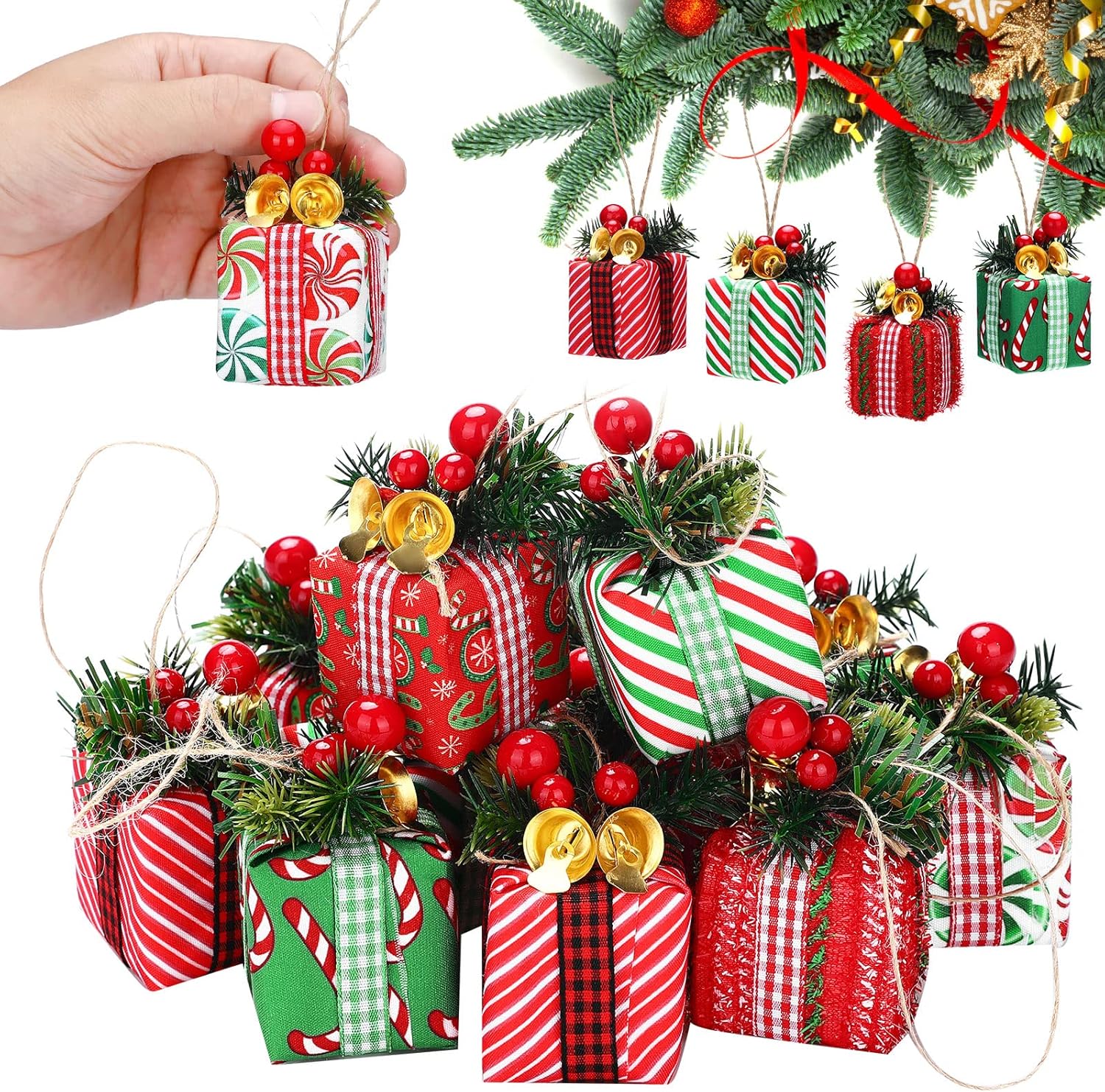 12 mini cajas de regalo para árbol de Navidad, adornos de árbol de Navidad, decoración de regalo de Navidad, adornos de Navidad colgantes con