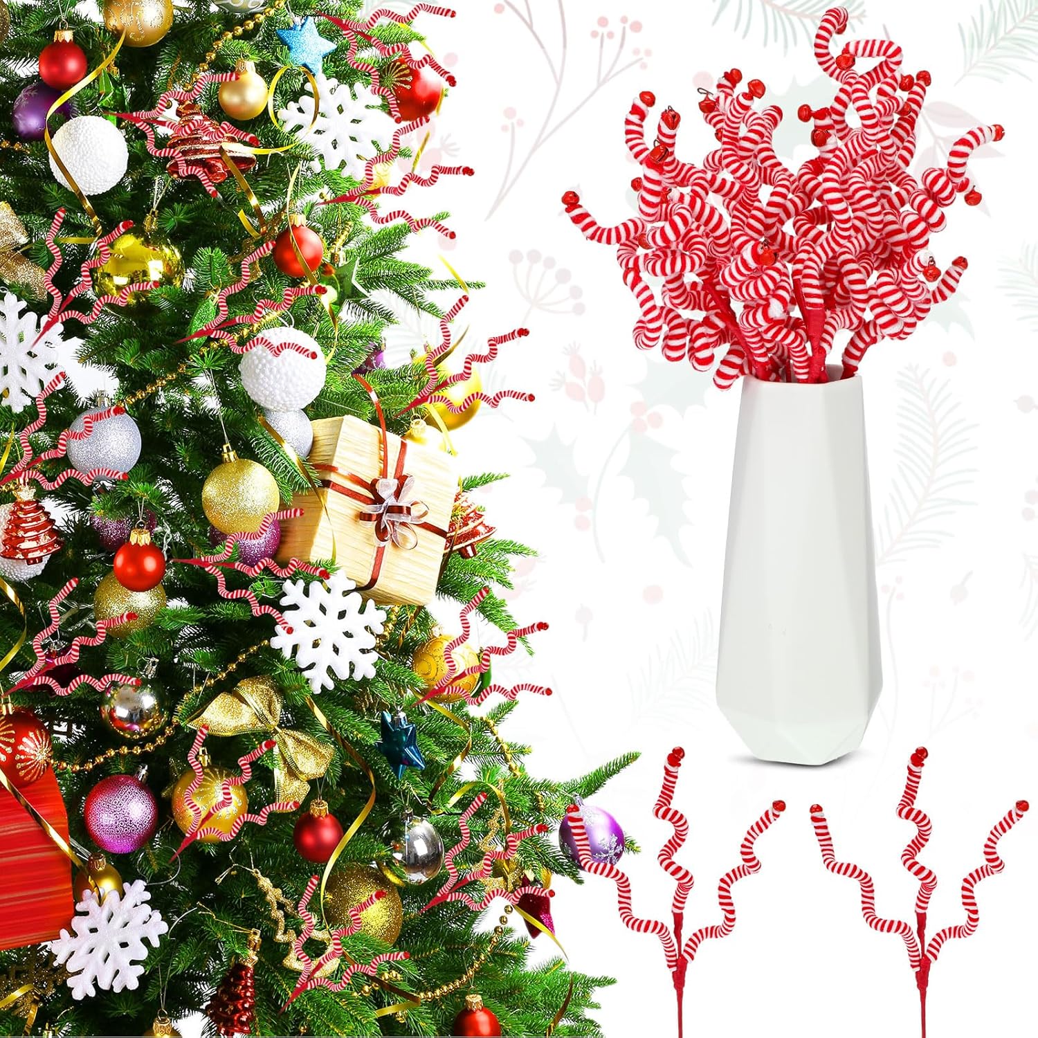 20 piezas de selecciones para árbol de Navidad, campanas de lana, recogida rizada de 14 pulgadas, decoración de árbol de Navidad, dulces, adornos de