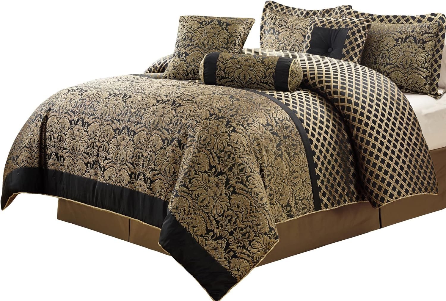 Chezmoi Collection Juego de edredón tejido jacquard de medallón floral de diamante negrodorado de 7 piezas, tamaño California King