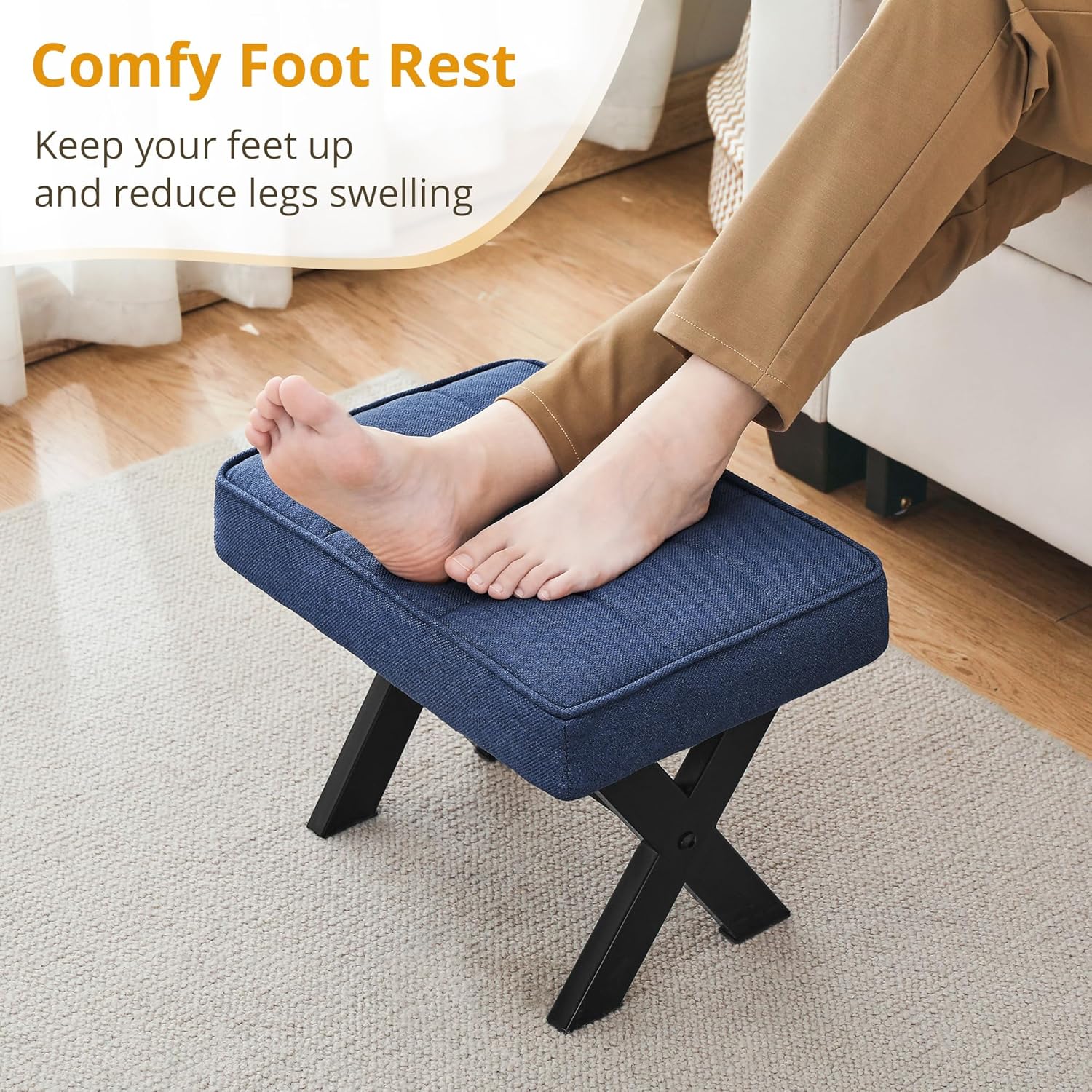 LUE BONA Taburete para pies, taburetes pequeños de 12 pulgadas de alto, reposapiés de tela resistente con patas en X de metal, reposapiés acolchado,