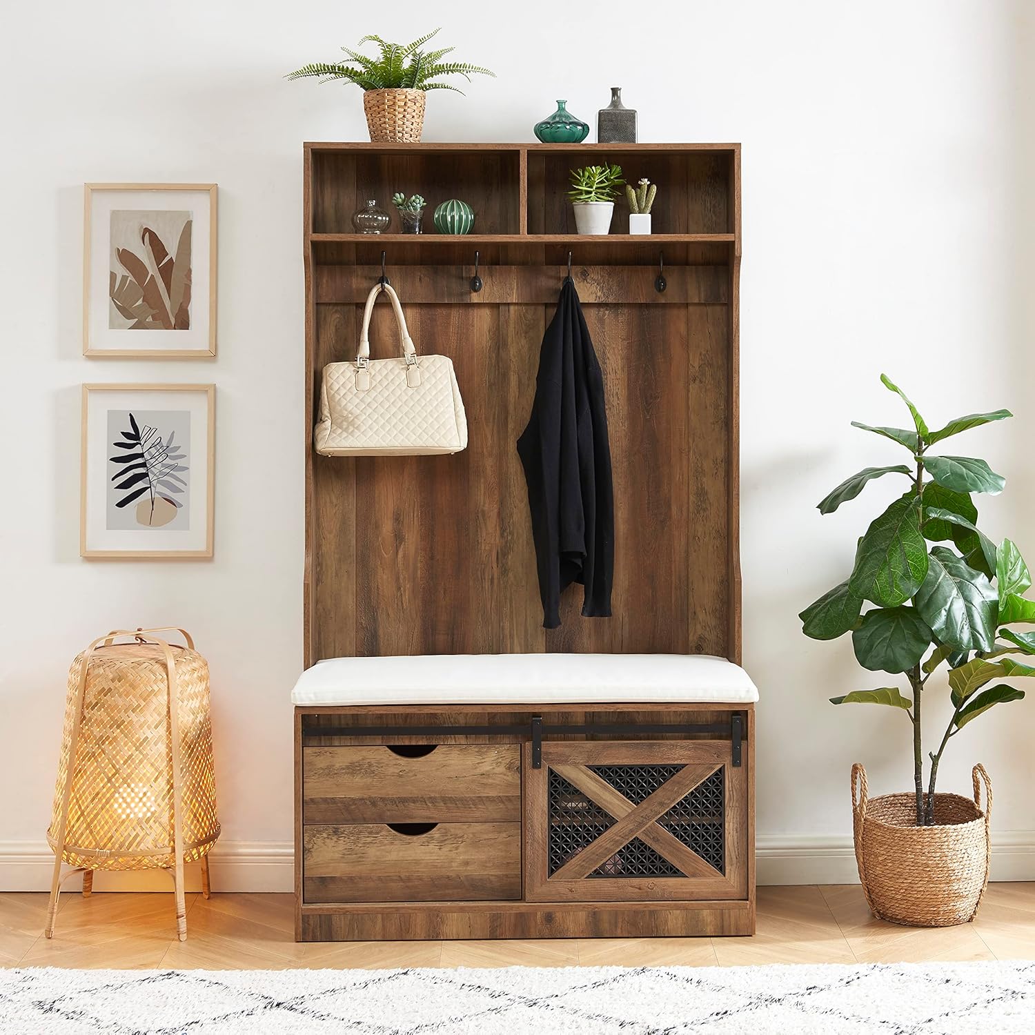 Edwin’s Choice Árbol de entrada de 71 pulgadas de alto con perchero y banco de almacenamiento, árbol de madera con taburete acolchado y ganchos para