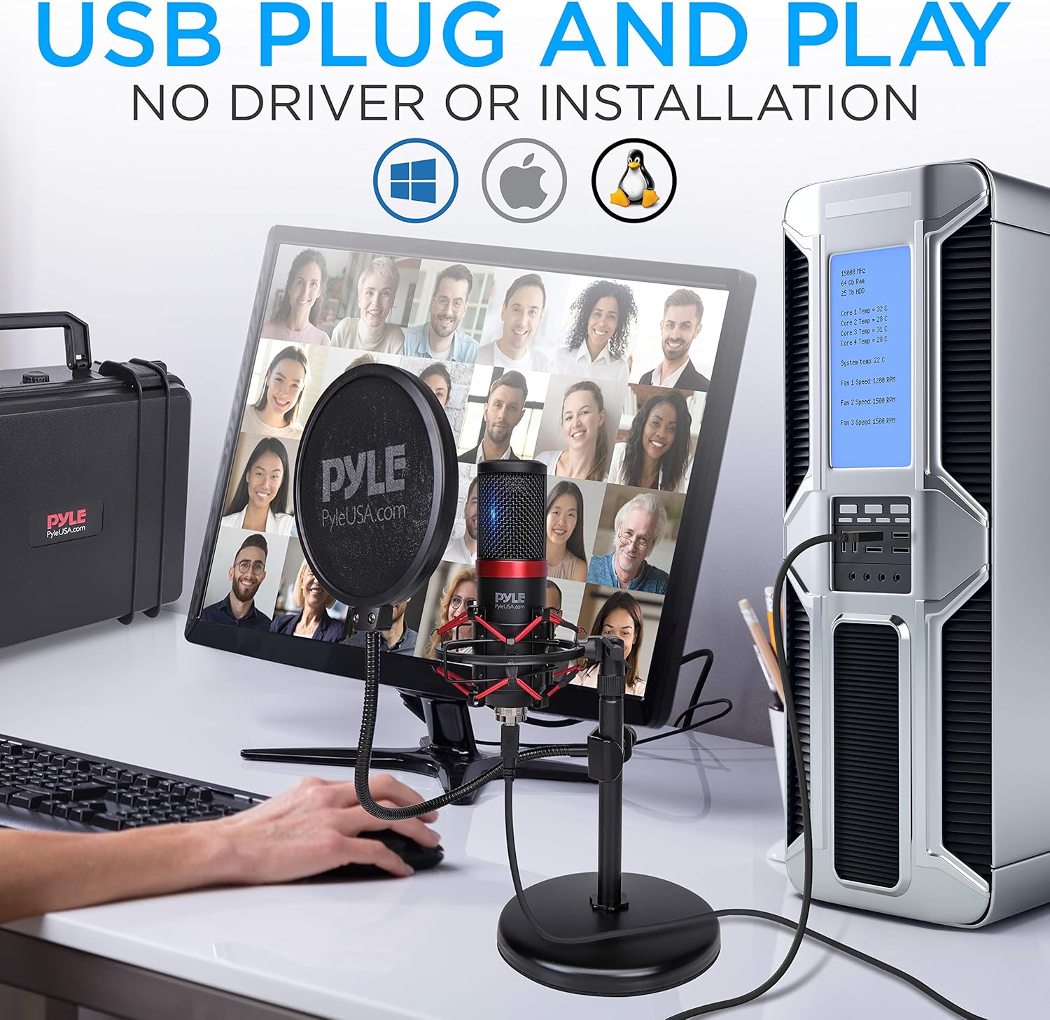 Pyle Kit de grabación de podcasts de micrófono USB, micrófono de condensador cardioide de audio con soporte de montaje de choque y filtro pop, para