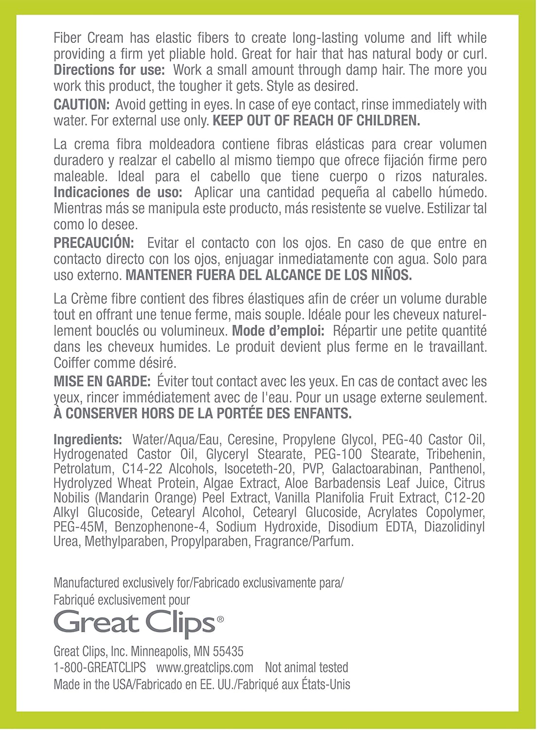GREAT CLIPS Solutions Fiber Cream 3.4oz  Sujeción firme con peinado flexible  Crea volumen y elevación  Ideal para cabello naturalmente rizado